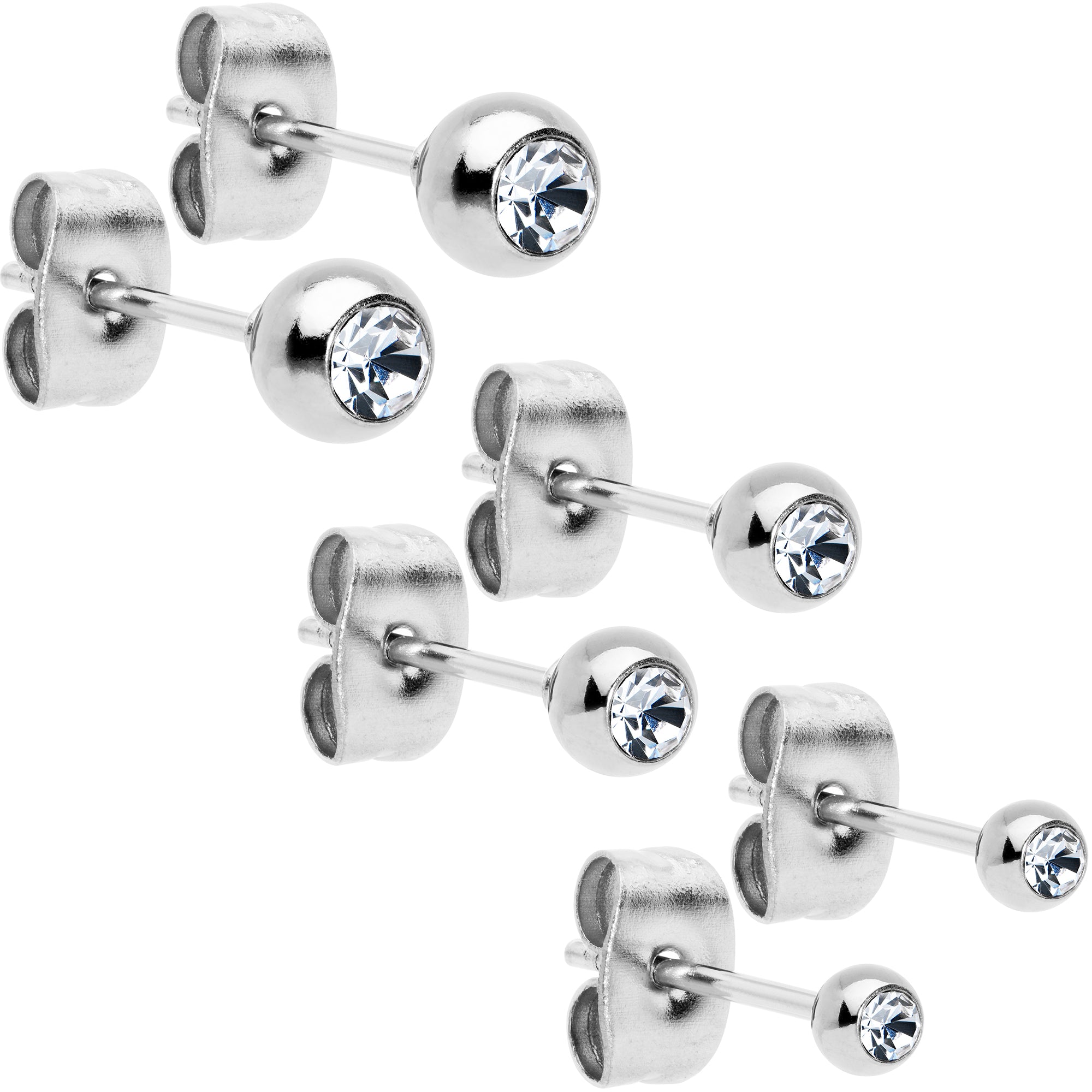 3mm 4mm 5mm Clear Gem Ball 316L Stainless Steel Stud Earrings 3 Pack