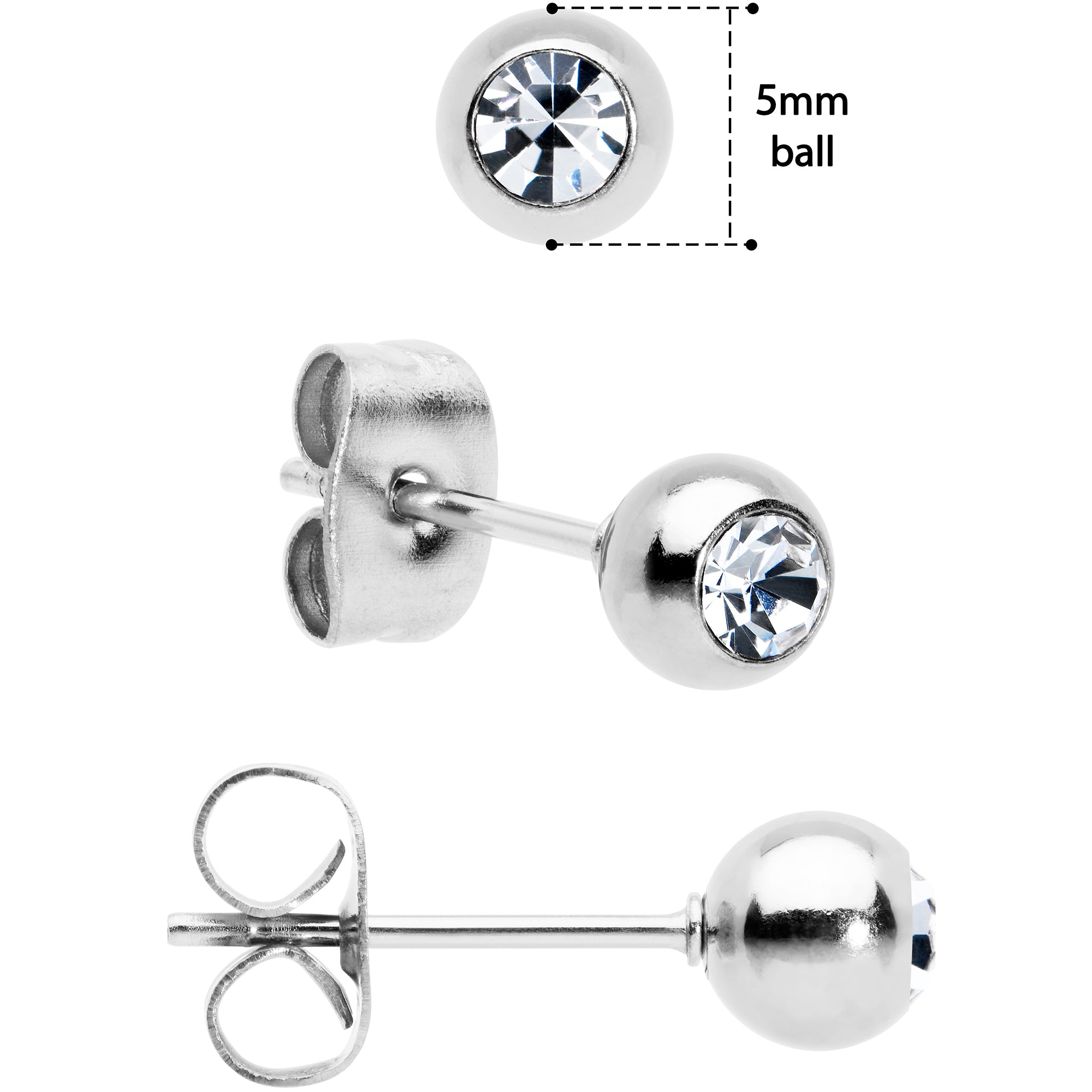 3mm 4mm 5mm Clear Gem Ball 316L Stainless Steel Stud Earrings 3 Pack