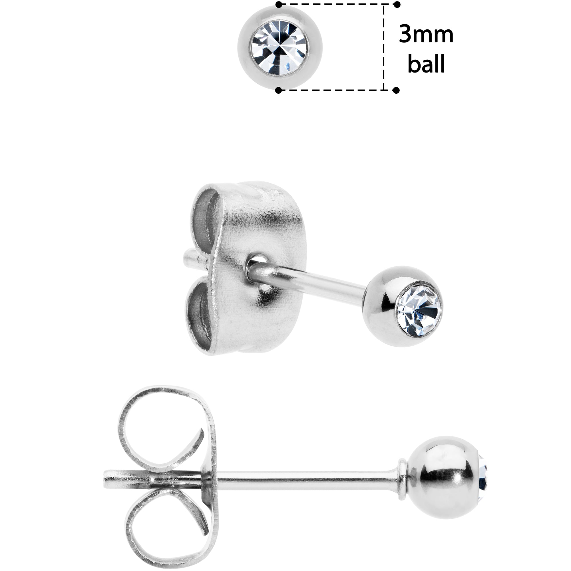 3mm 4mm 5mm Clear Gem Ball 316L Stainless Steel Stud Earrings 3 Pack