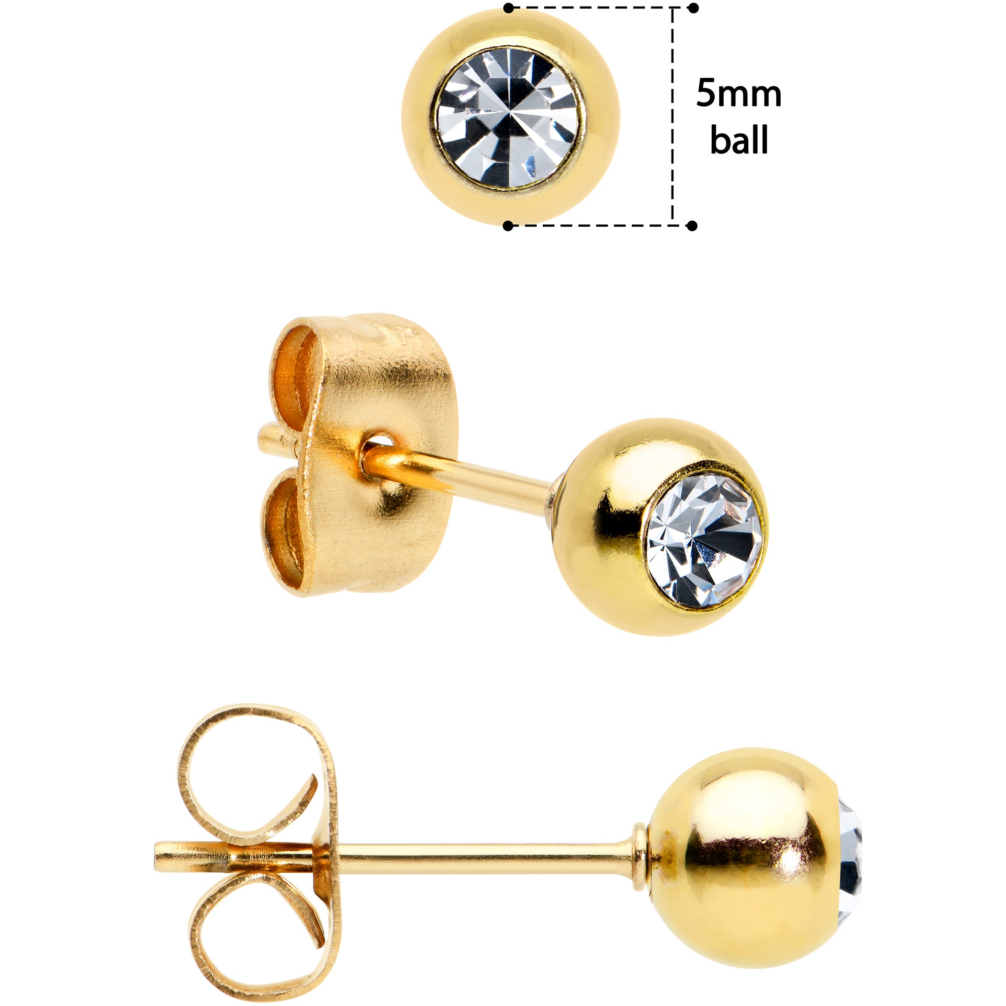 3mm 4mm 5mm Clear Gem Gold Tone Ball 316L Steel Stud Earrings 3 Pack