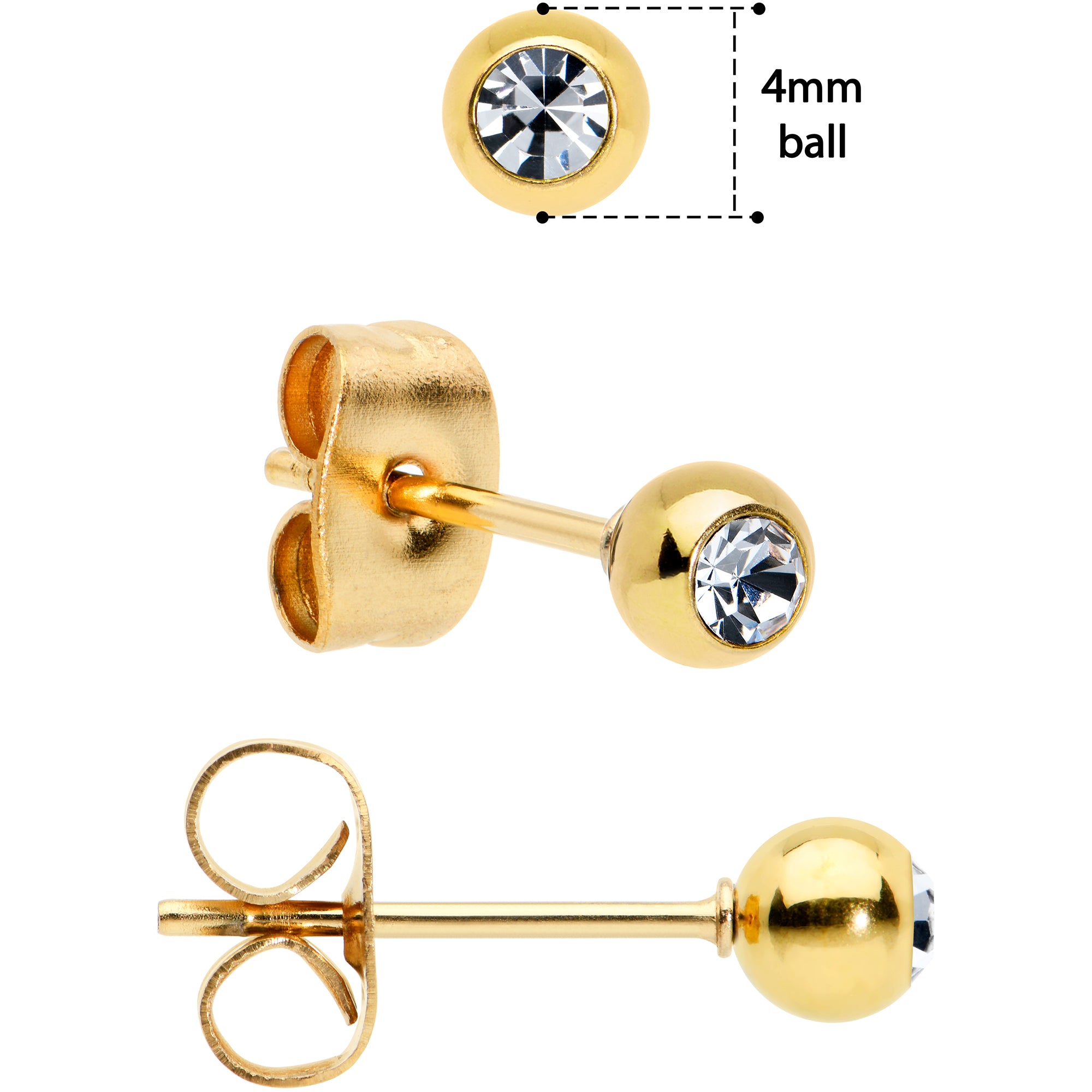 3mm 4mm 5mm Clear Gem Gold Tone Ball 316L Steel Stud Earrings 3 Pack