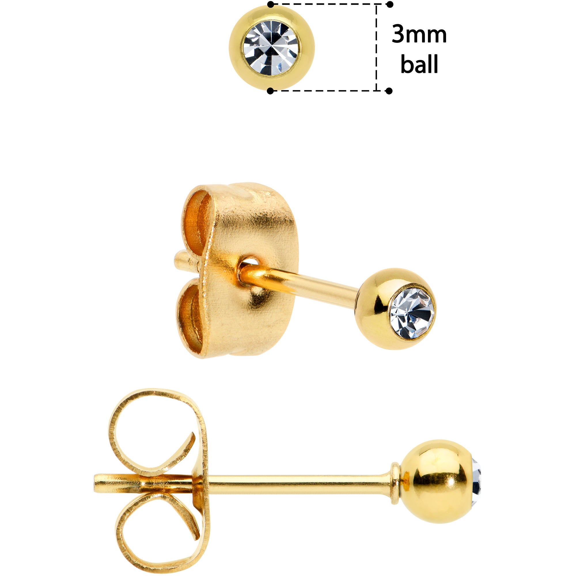 3mm 4mm 5mm Clear Gem Gold Tone Ball 316L Steel Stud Earrings 3 Pack