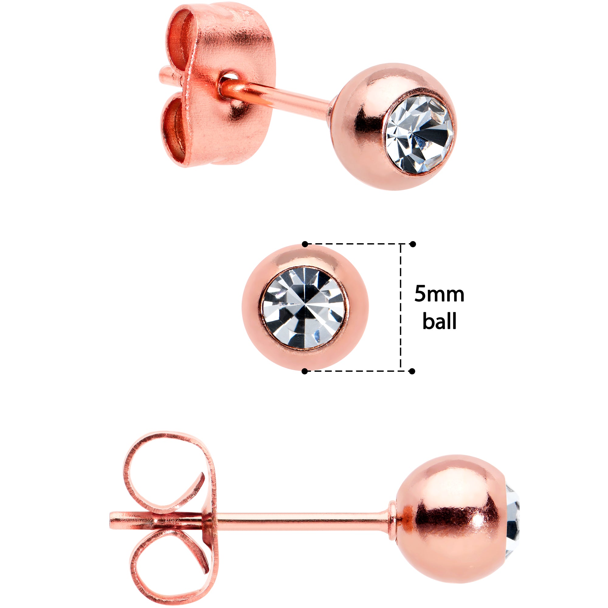 3mm 4mm 5mm Clear Gem Rosy Tone Ball 316L Steel Stud Earrings 3 Pack