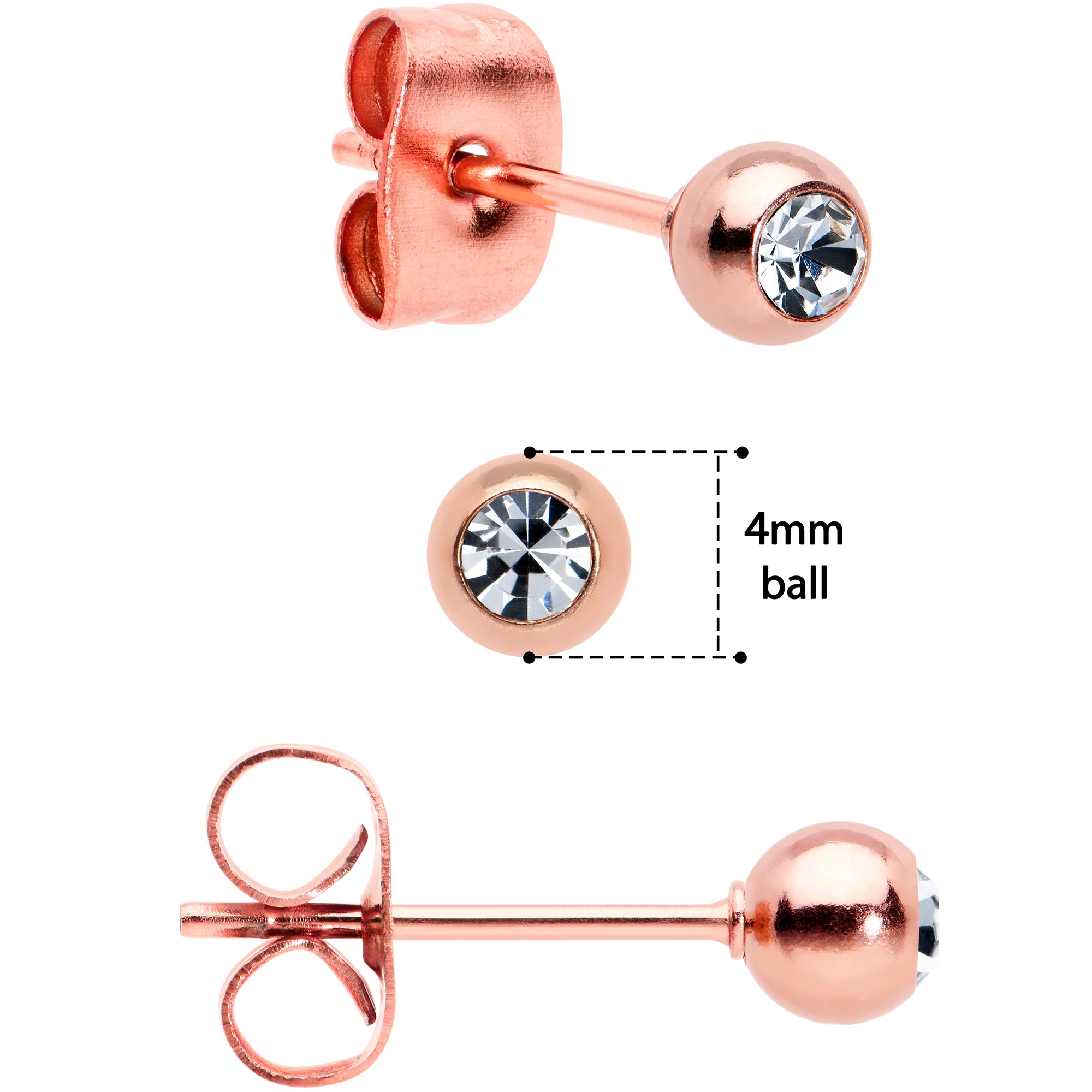 3mm 4mm 5mm Clear Gem Rosy Tone Ball 316L Steel Stud Earrings 3 Pack