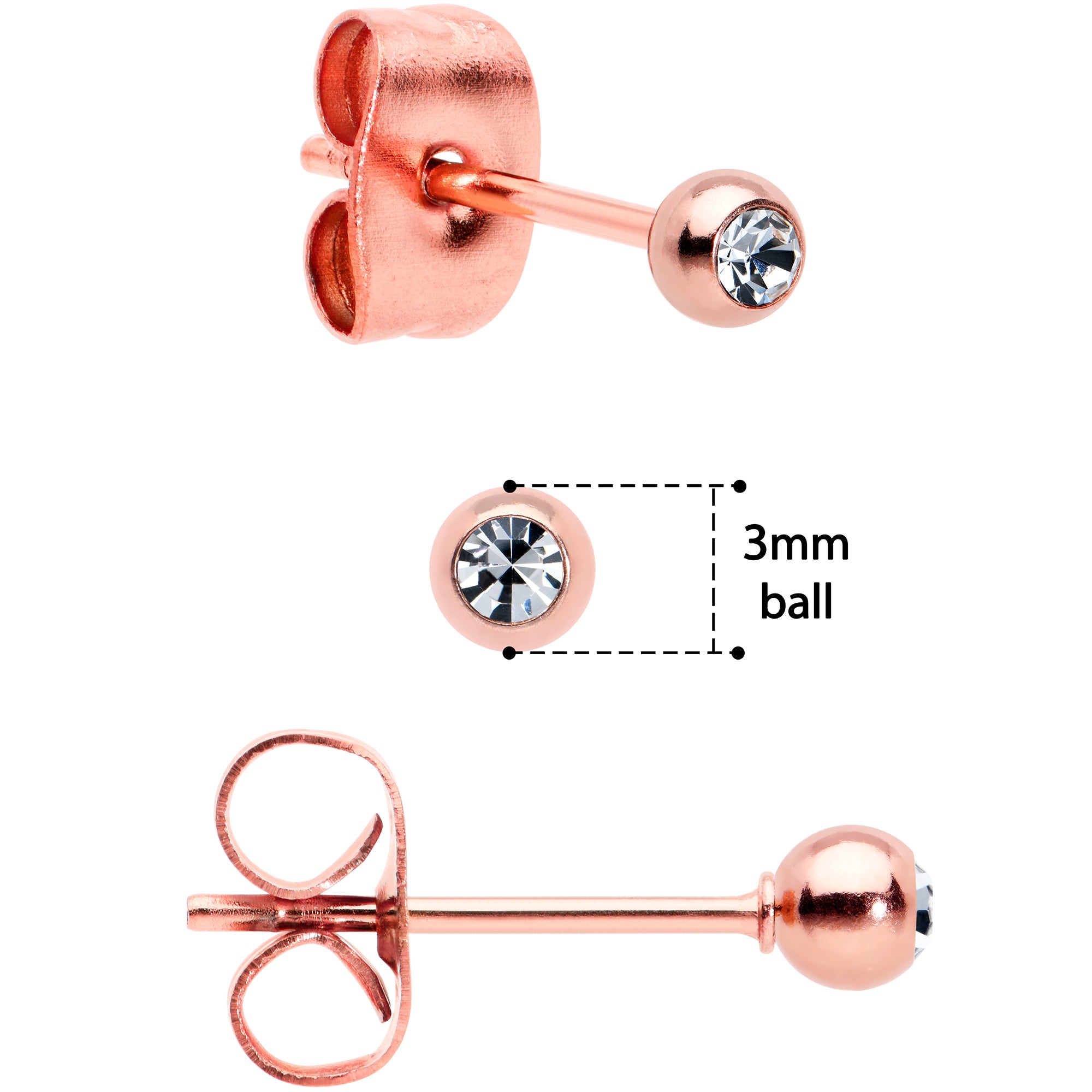 3mm 4mm 5mm Clear Gem Rosy Tone Ball 316L Steel Stud Earrings 3 Pack