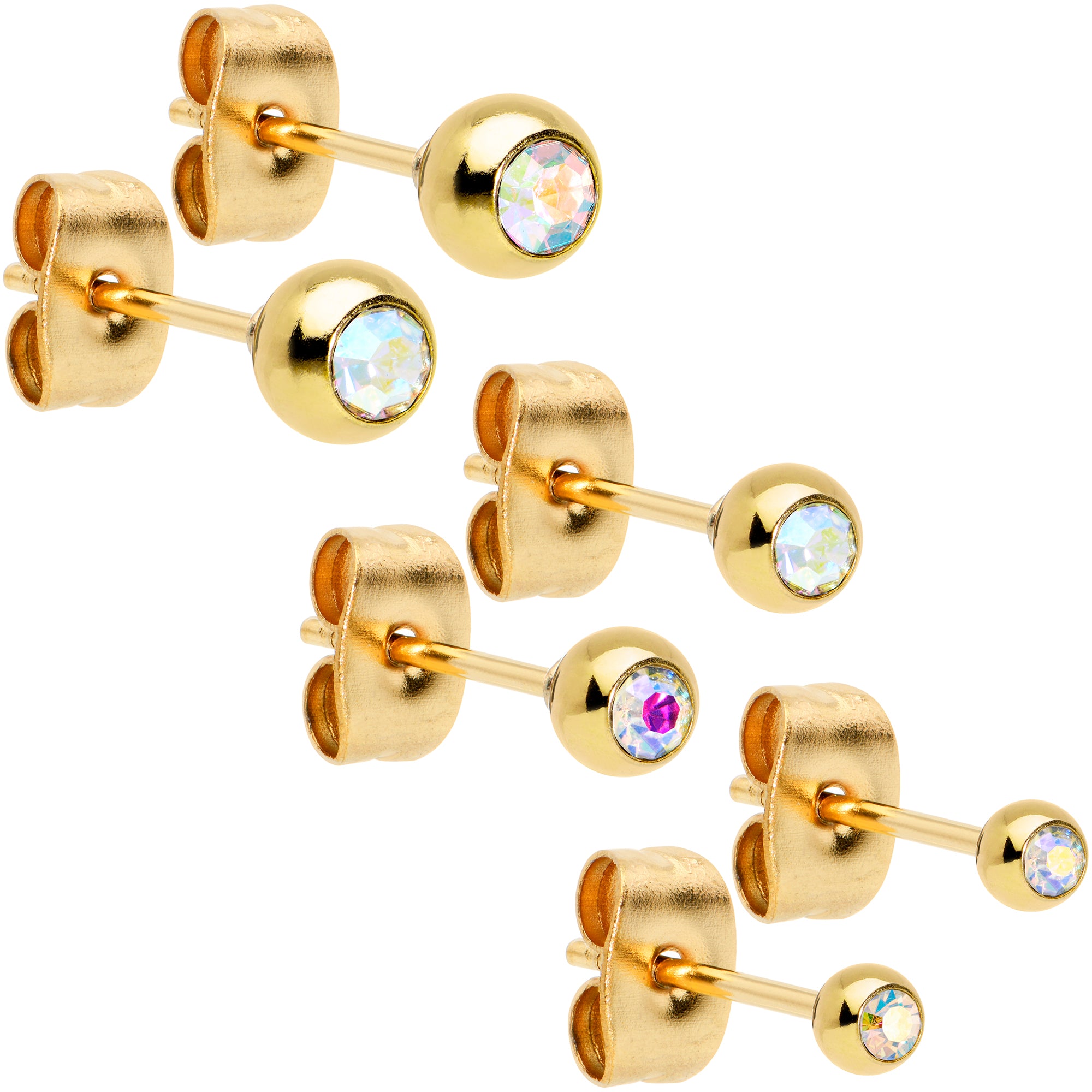 3mm 4mm 5mm Aurora Gem Gold Tone Ball 316L Steel Stud Earrings 3 Pack