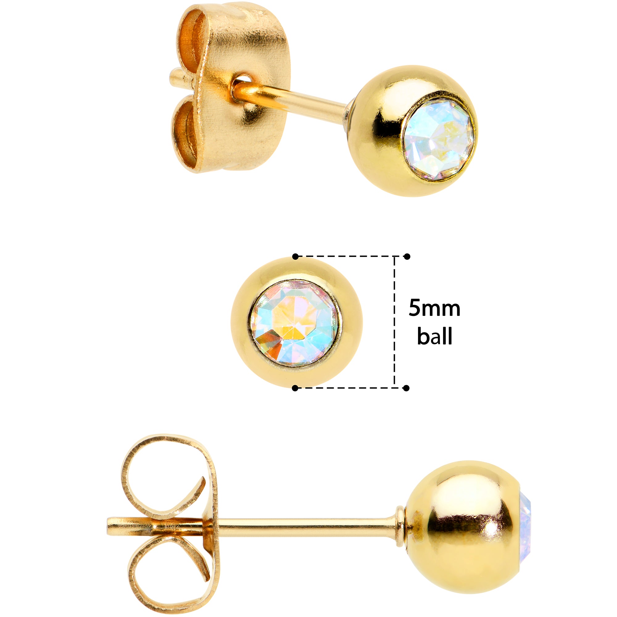 3mm 4mm 5mm Aurora Gem Gold Tone Ball 316L Steel Stud Earrings 3 Pack