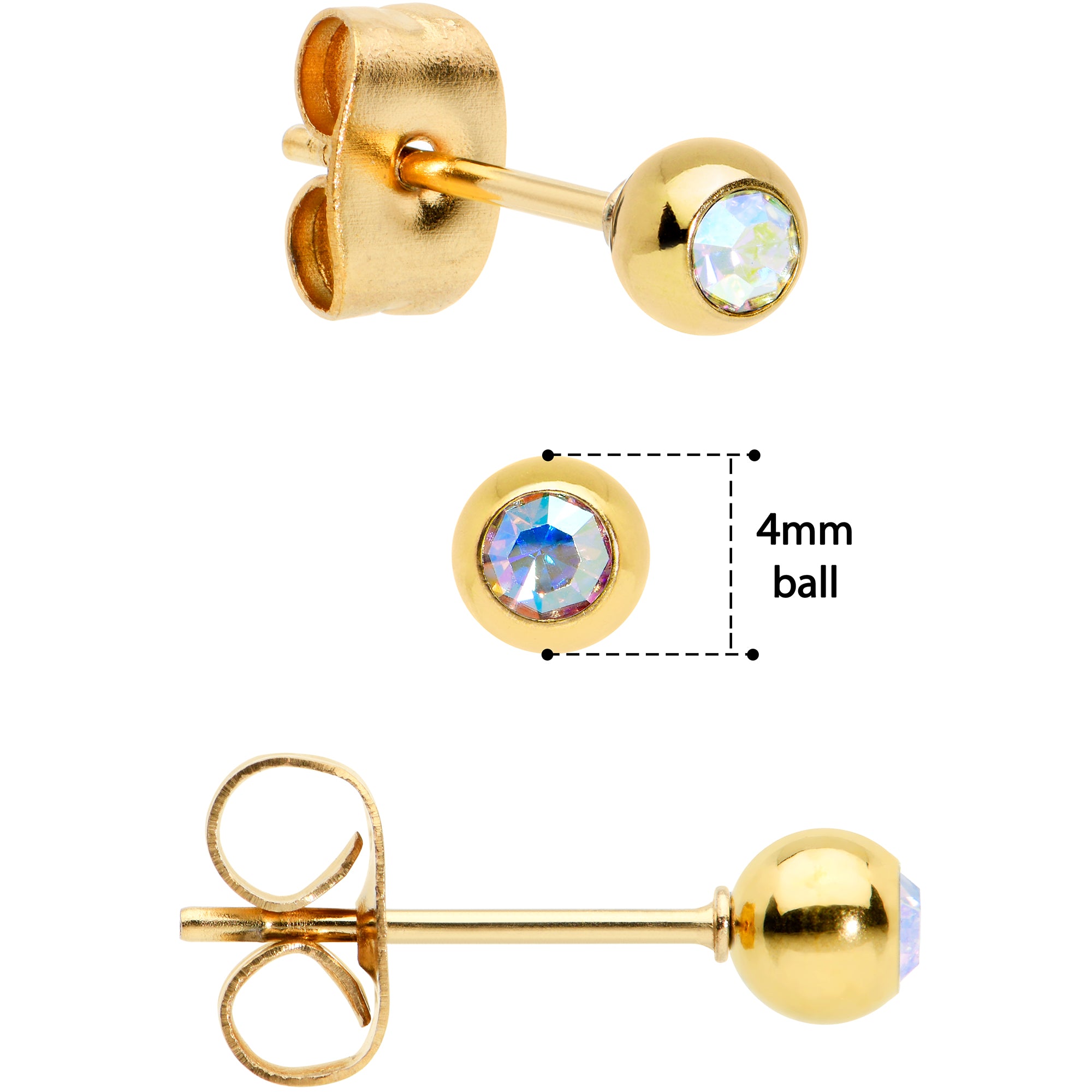 3mm 4mm 5mm Aurora Gem Gold Tone Ball 316L Steel Stud Earrings 3 Pack