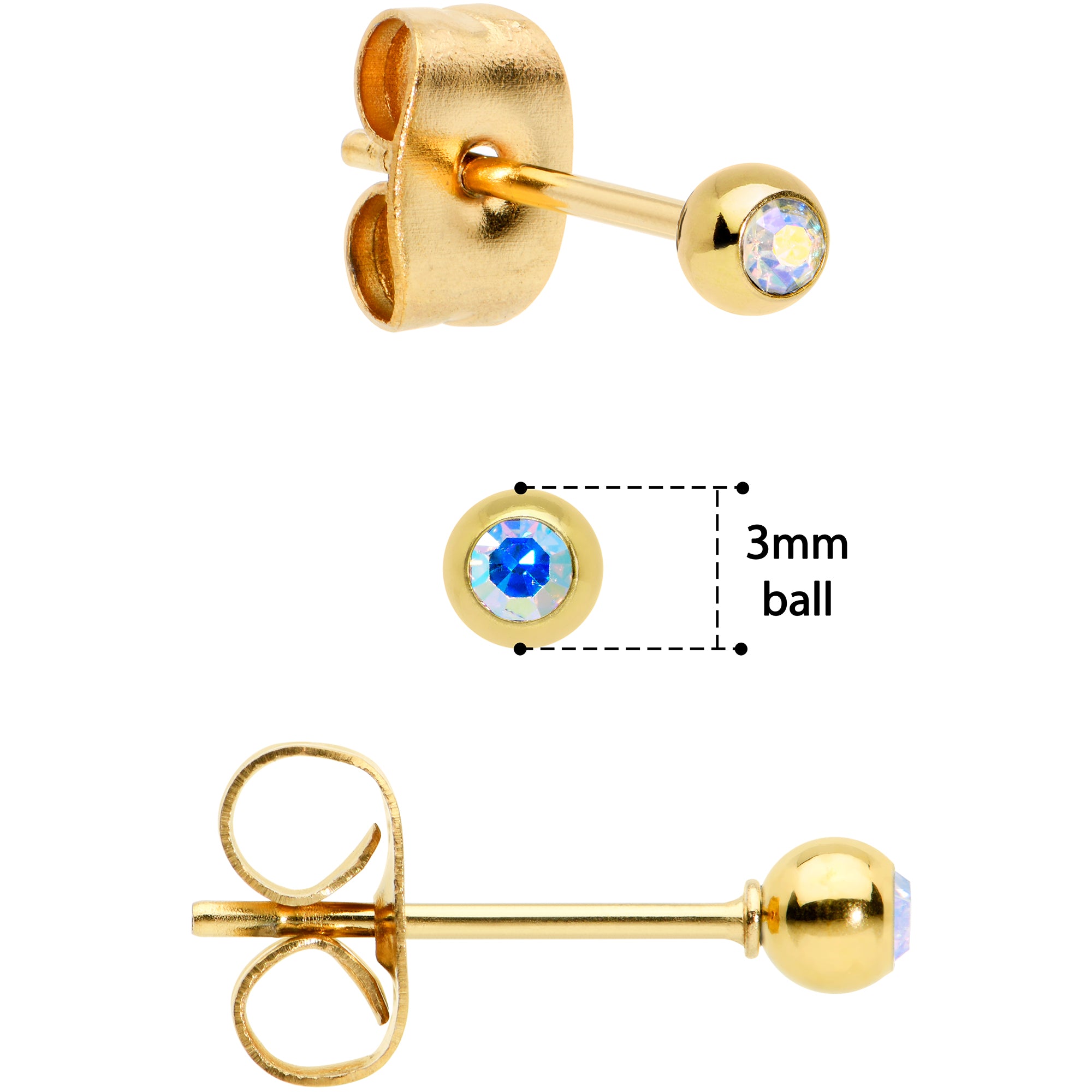 3mm 4mm 5mm Aurora Gem Gold Tone Ball 316L Steel Stud Earrings 3 Pack