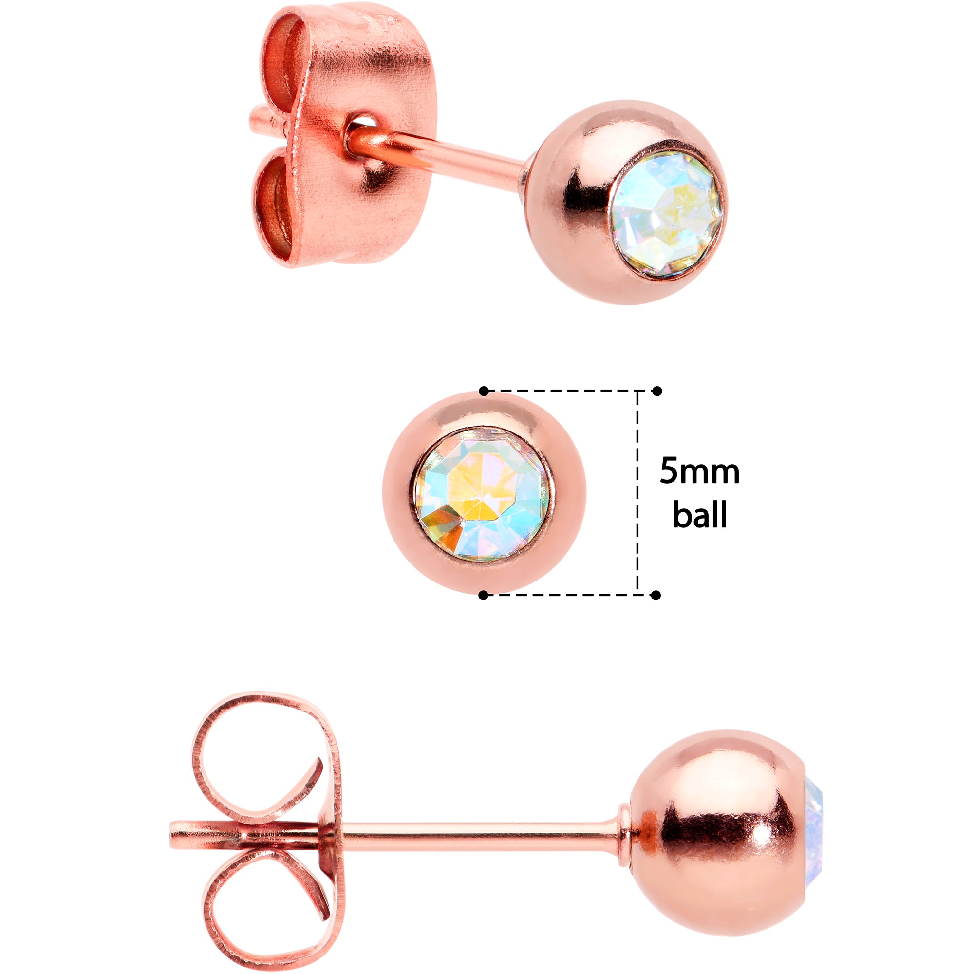 3mm 4mm 5mm Aurora Gem Rosy Tone Ball 316L Steel Stud Earrings 3 Pack