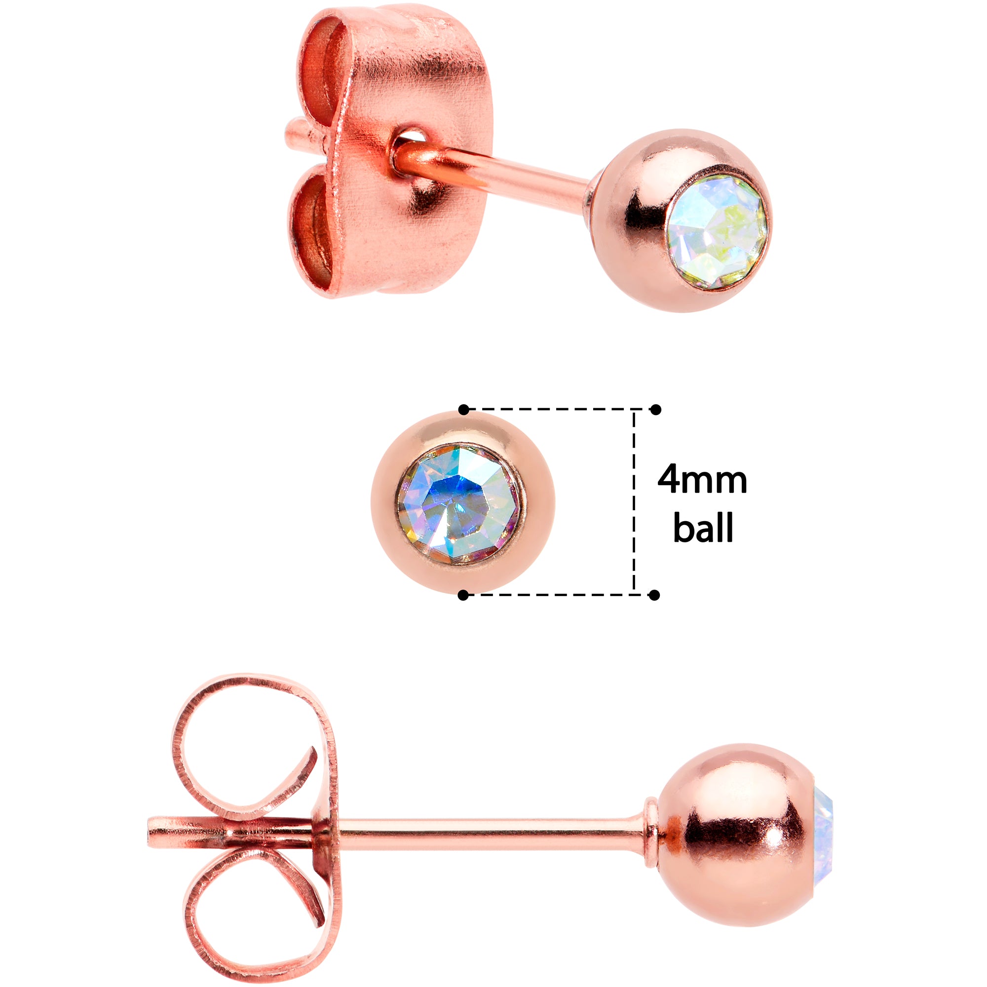 3mm 4mm 5mm Aurora Gem Rosy Tone Ball 316L Steel Stud Earrings 3 Pack