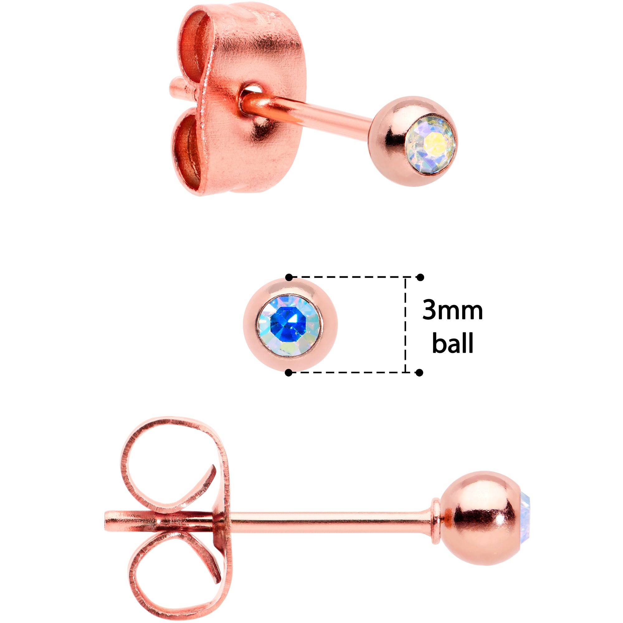 3mm 4mm 5mm Aurora Gem Rosy Tone Ball 316L Steel Stud Earrings 3 Pack