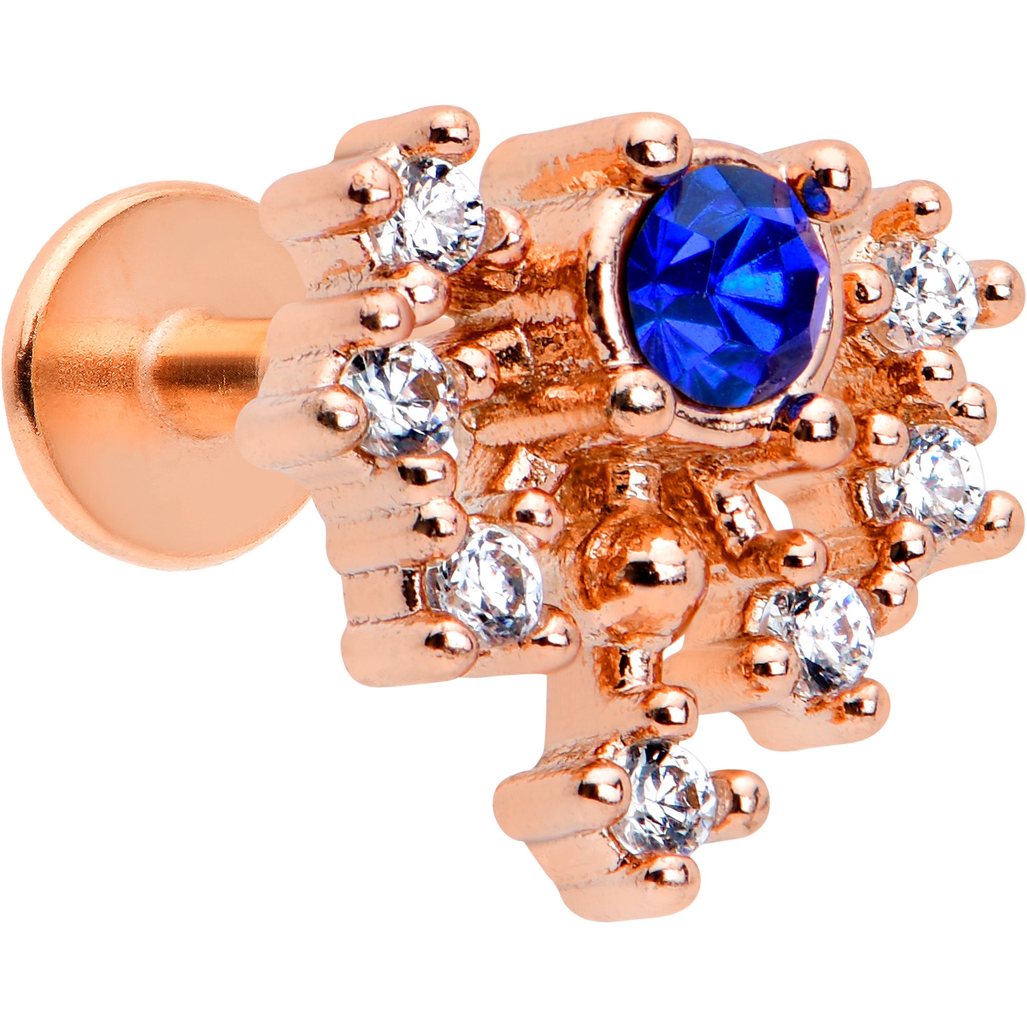 16 Gauge 1/4 Blue Clear Gem Rose Gold Tone Glamour Flare Labret