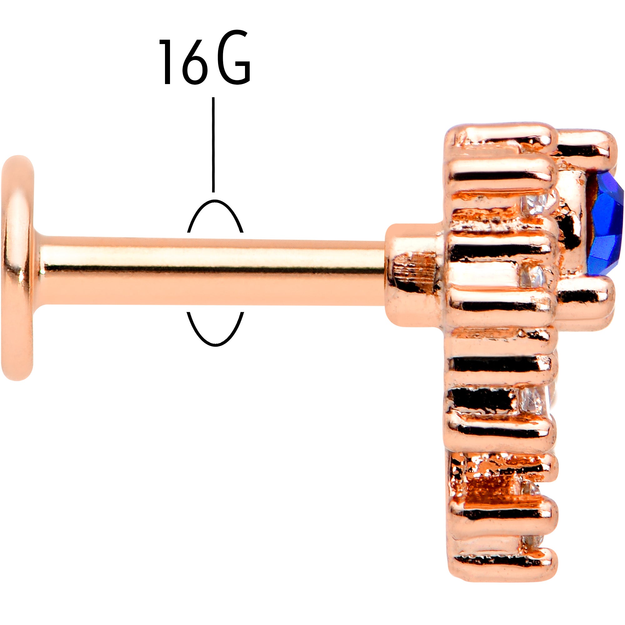 16 Gauge 1/4 Blue Clear Gem Rose Gold Tone Glamour Flare Labret