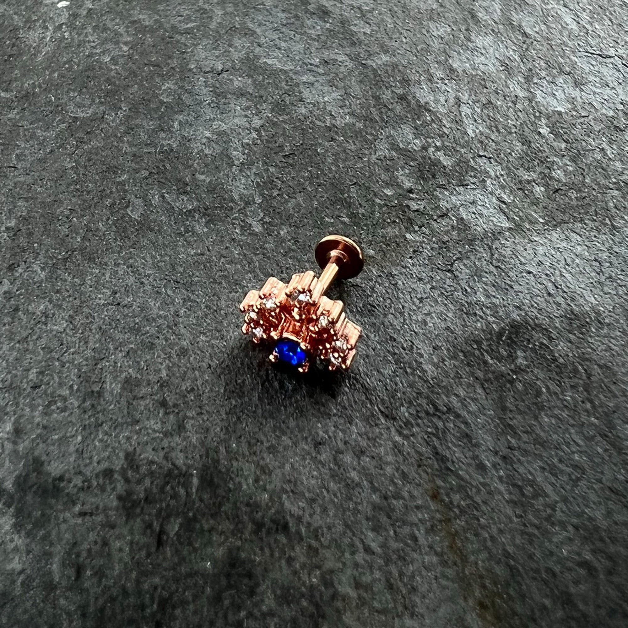 16 Gauge 1/4 Blue Clear Gem Rose Gold Tone Glamour Flare Labret