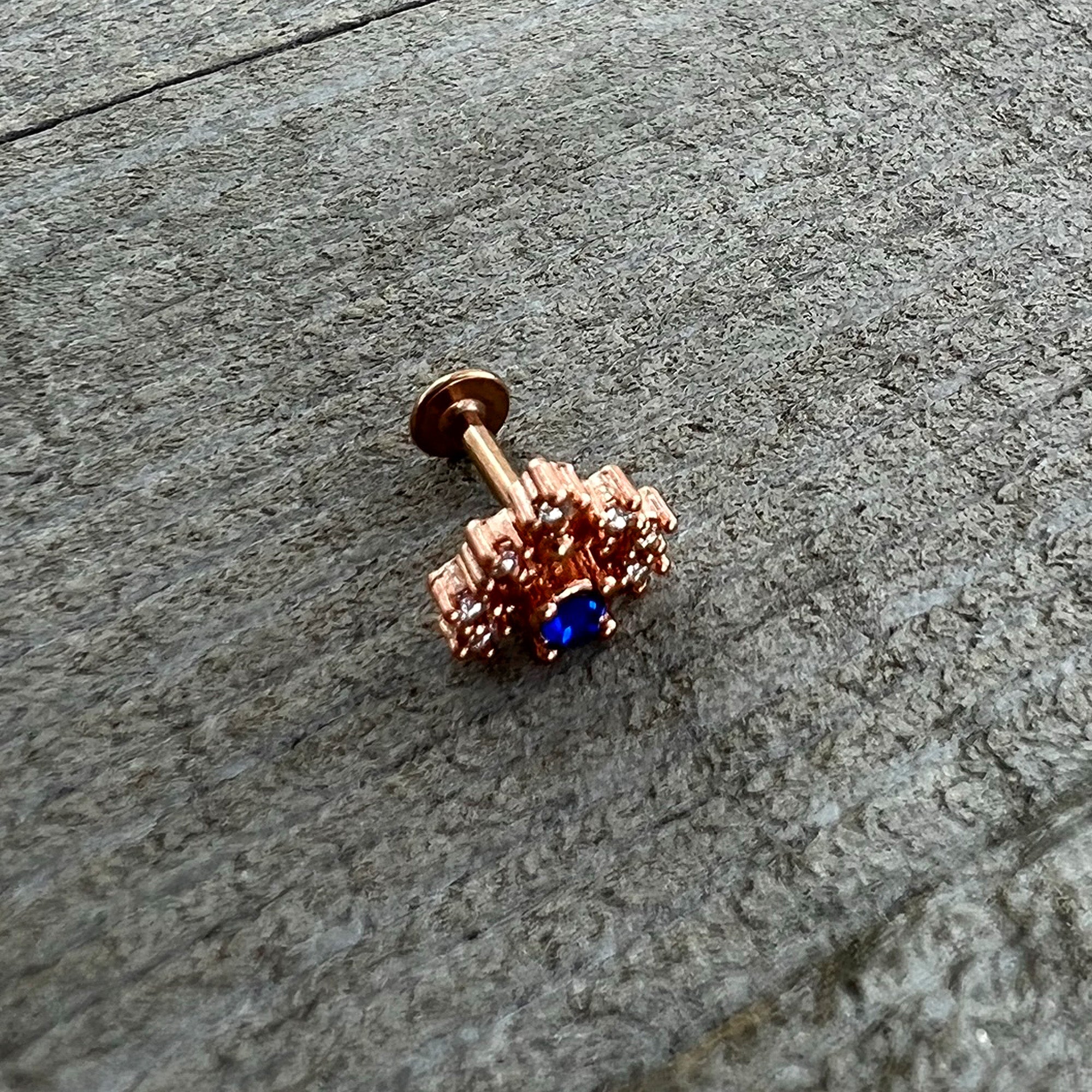 16 Gauge 1/4 Blue Clear Gem Rose Gold Tone Glamour Flare Labret