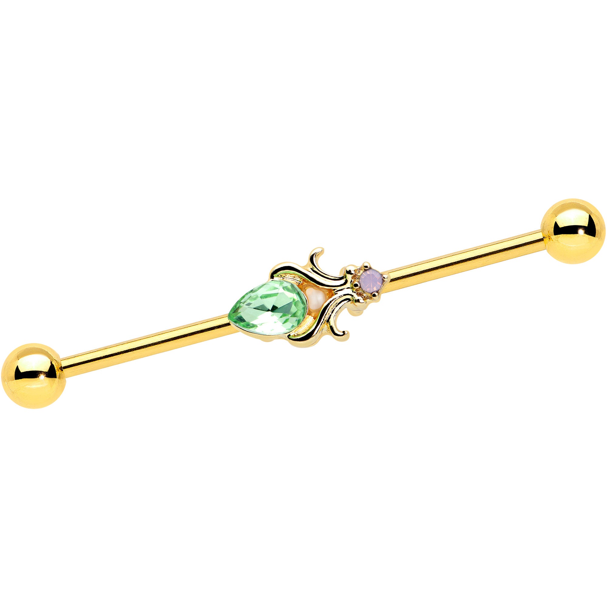 14 Gauge Green Gem Gold Tone Shades of Spring Industrial Barbell 38mm