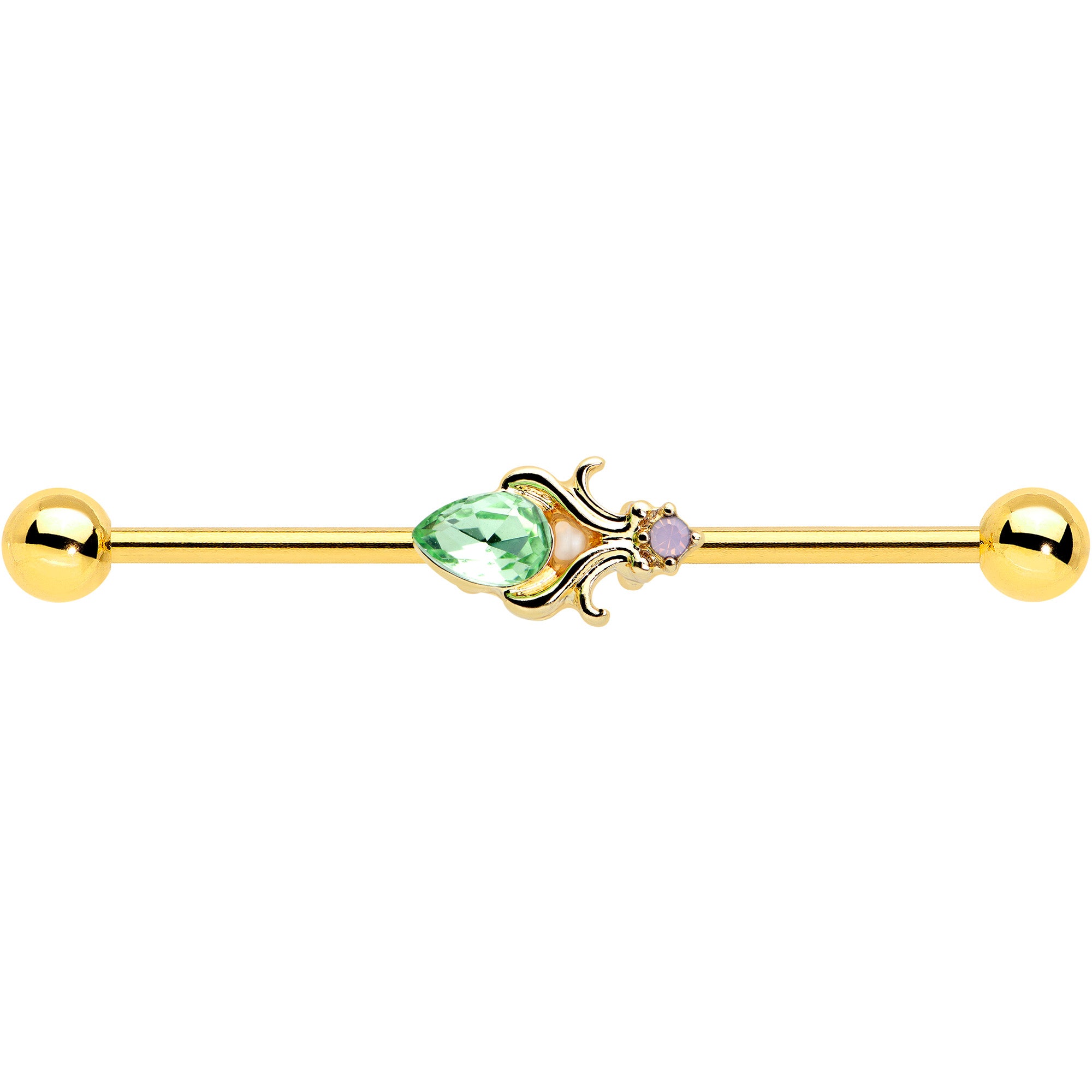 14 Gauge Green Gem Gold Tone Shades of Spring Industrial Barbell 38mm