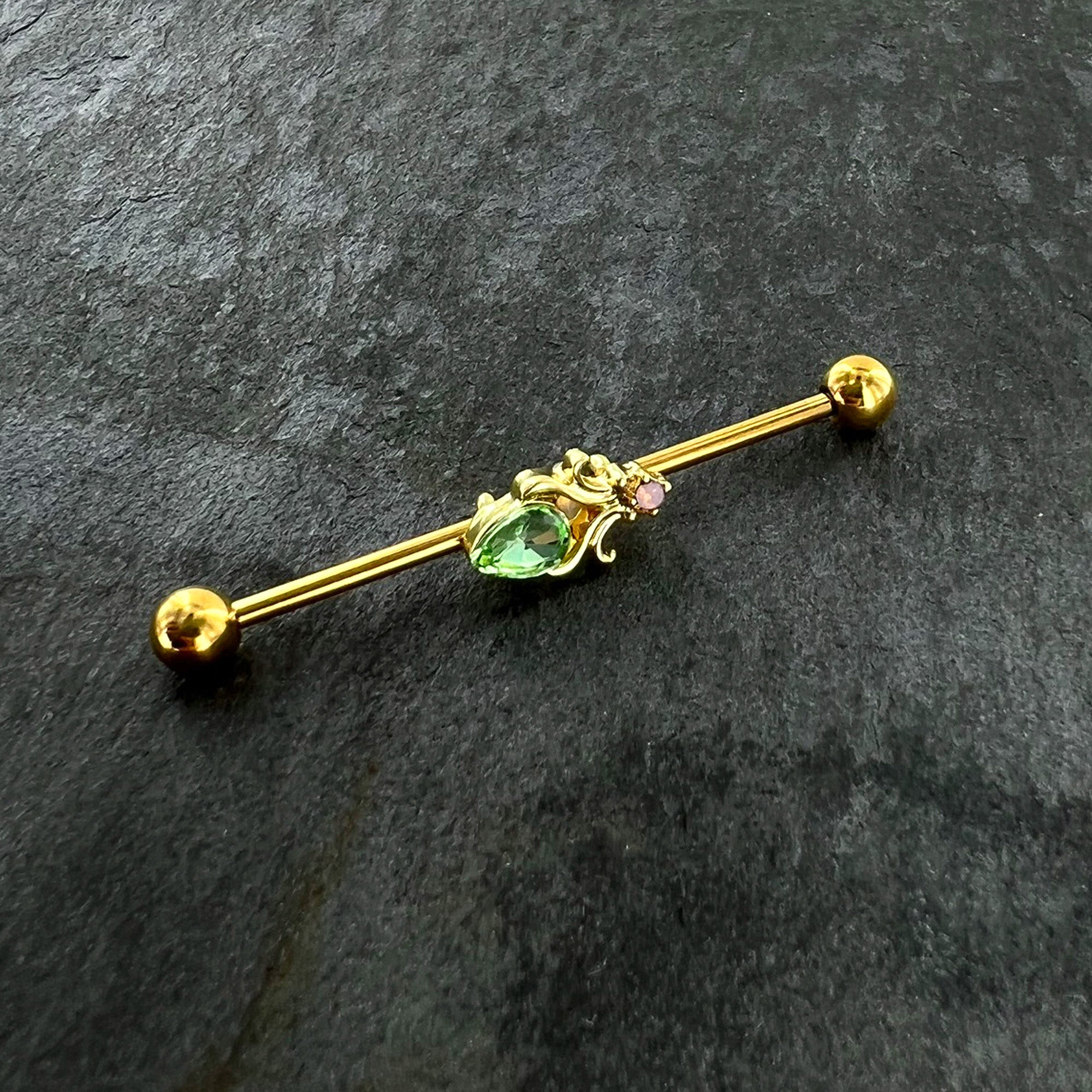 14 Gauge Green Gem Gold Tone Shades of Spring Industrial Barbell 38mm