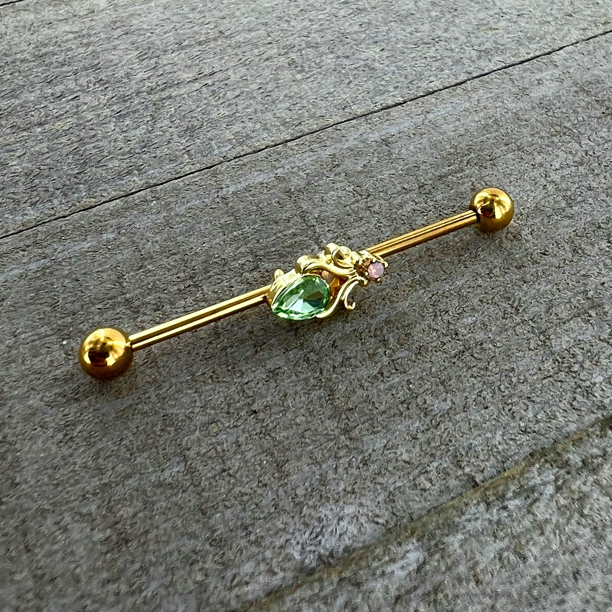 14 Gauge Green Gem Gold Tone Shades of Spring Industrial Barbell 38mm