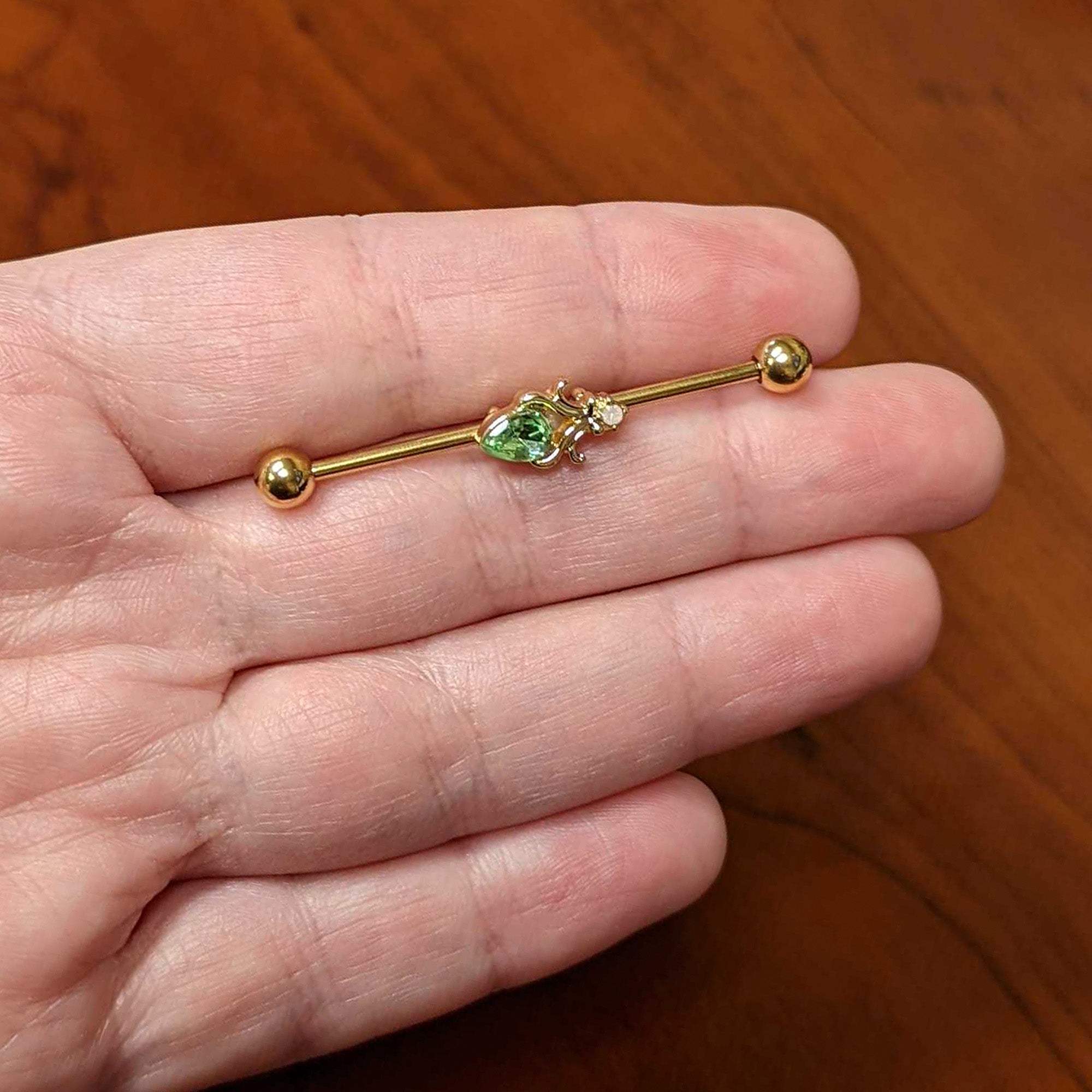 14 Gauge Green Gem Gold Tone Shades of Spring Industrial Barbell 38mm