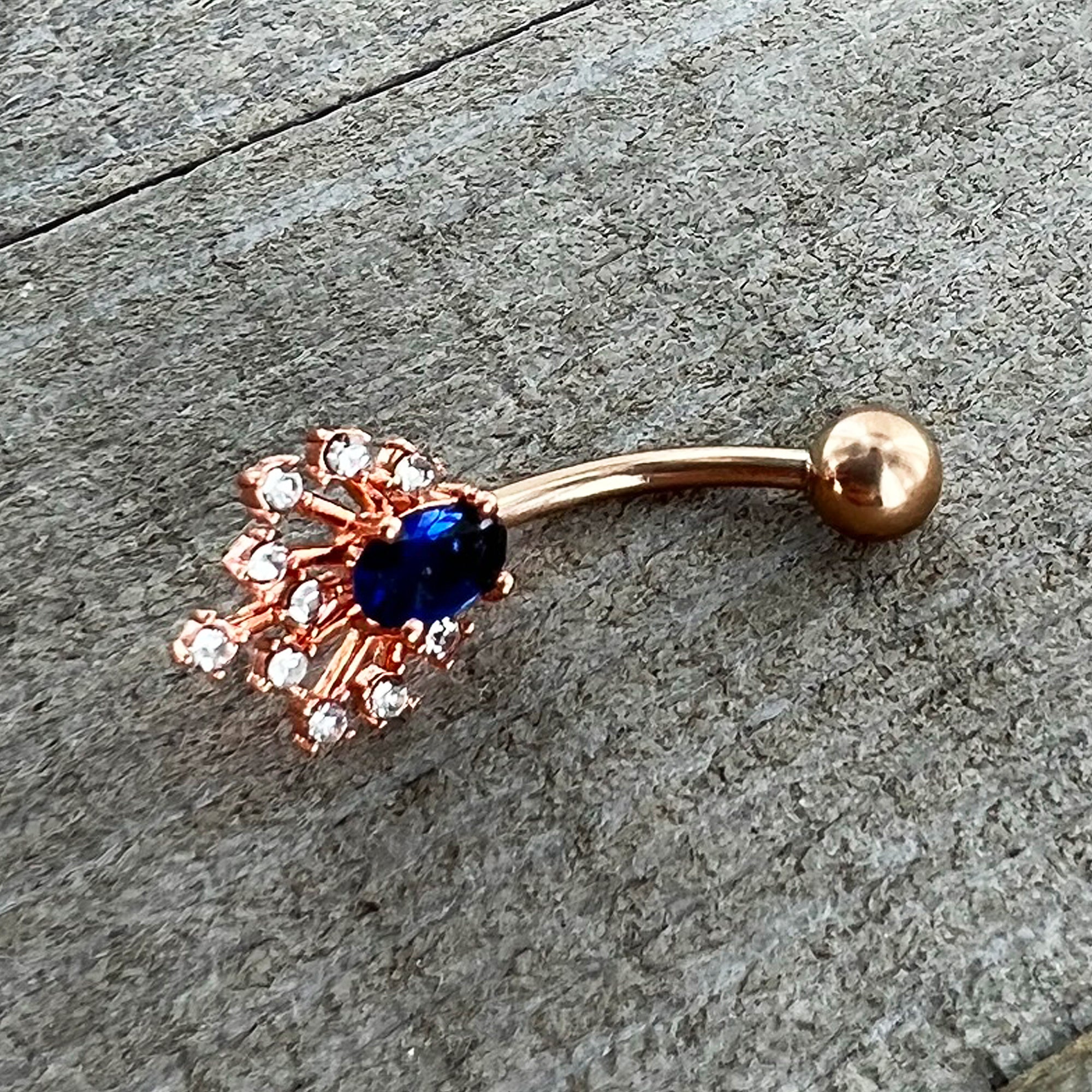 Clear Blue Gem Rose Gold Tone Glamour Flare Belly Ring