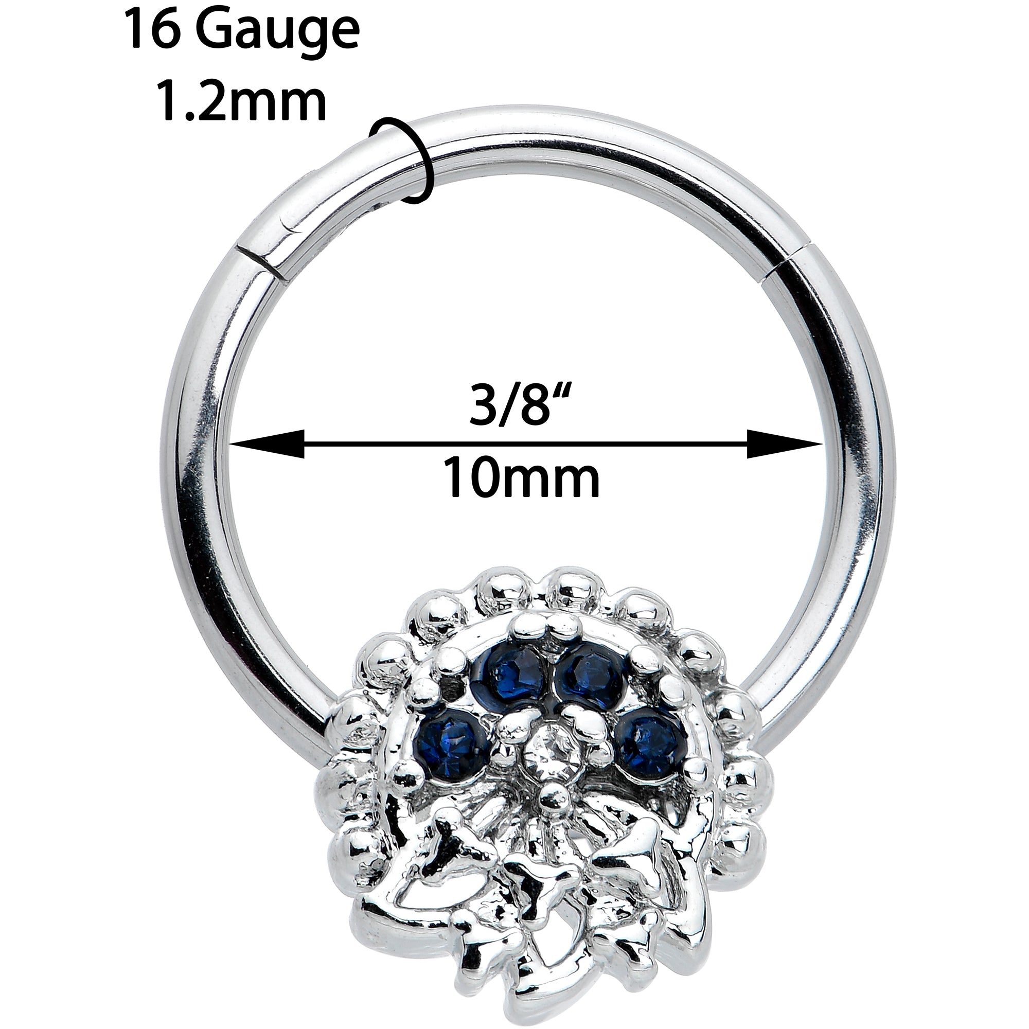 16 Gauge 3/8 Clear Blue Gem Abstract Arch Hinged Segment Ring