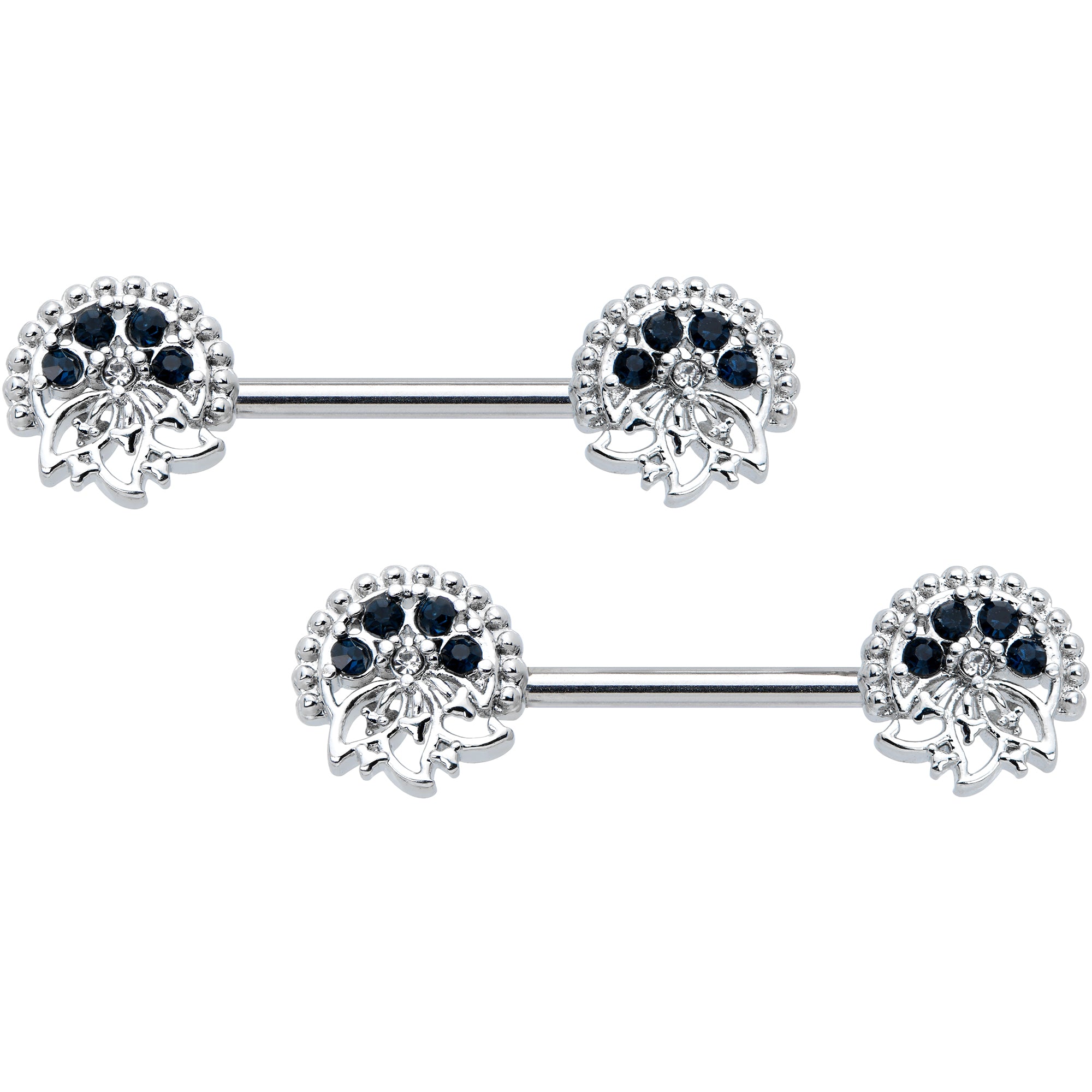 14 Gauge 1/2 Blue Clear Gem Abstract Arch Barbell Nipple Ring Set