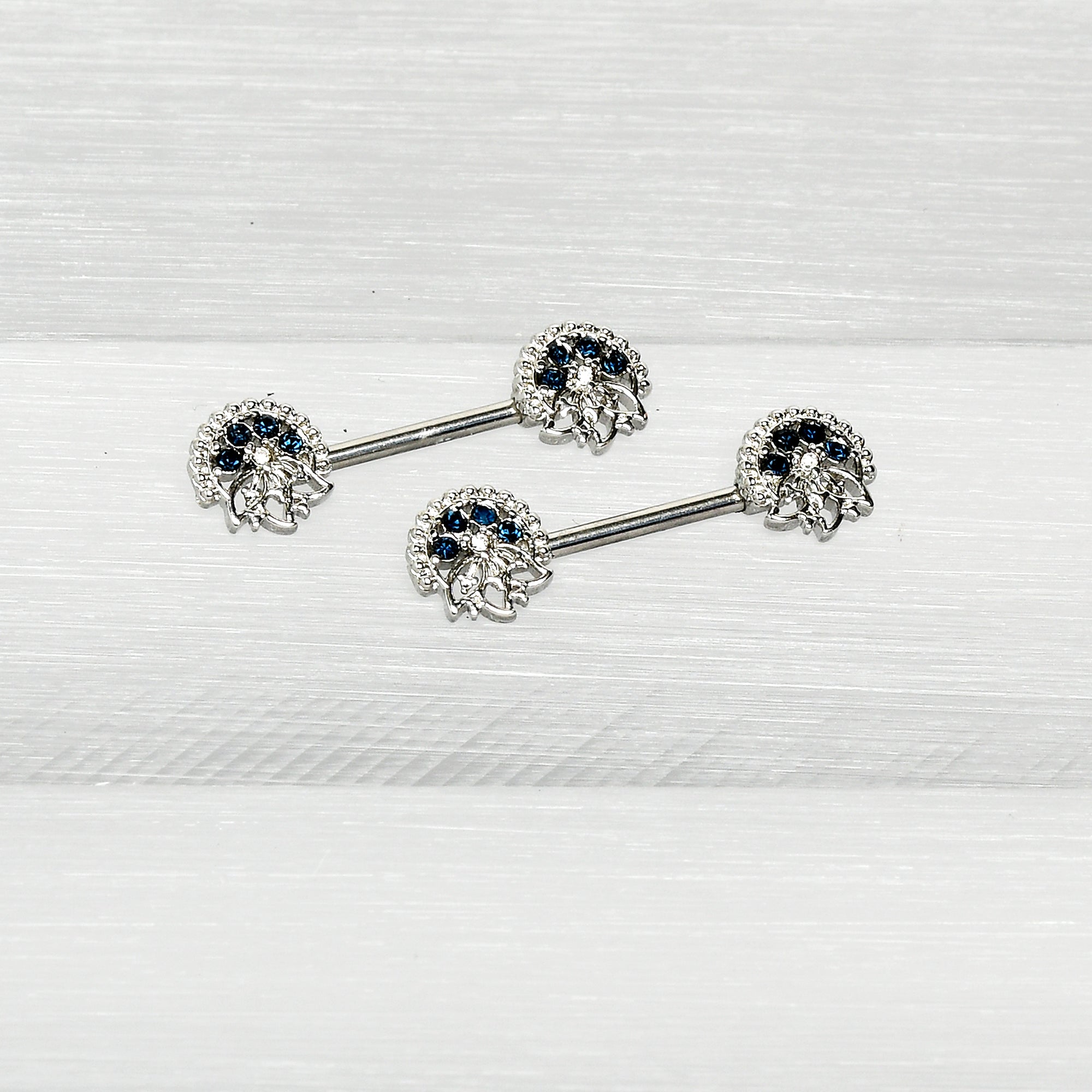 14 Gauge 1/2 Blue Clear Gem Abstract Arch Barbell Nipple Ring Set