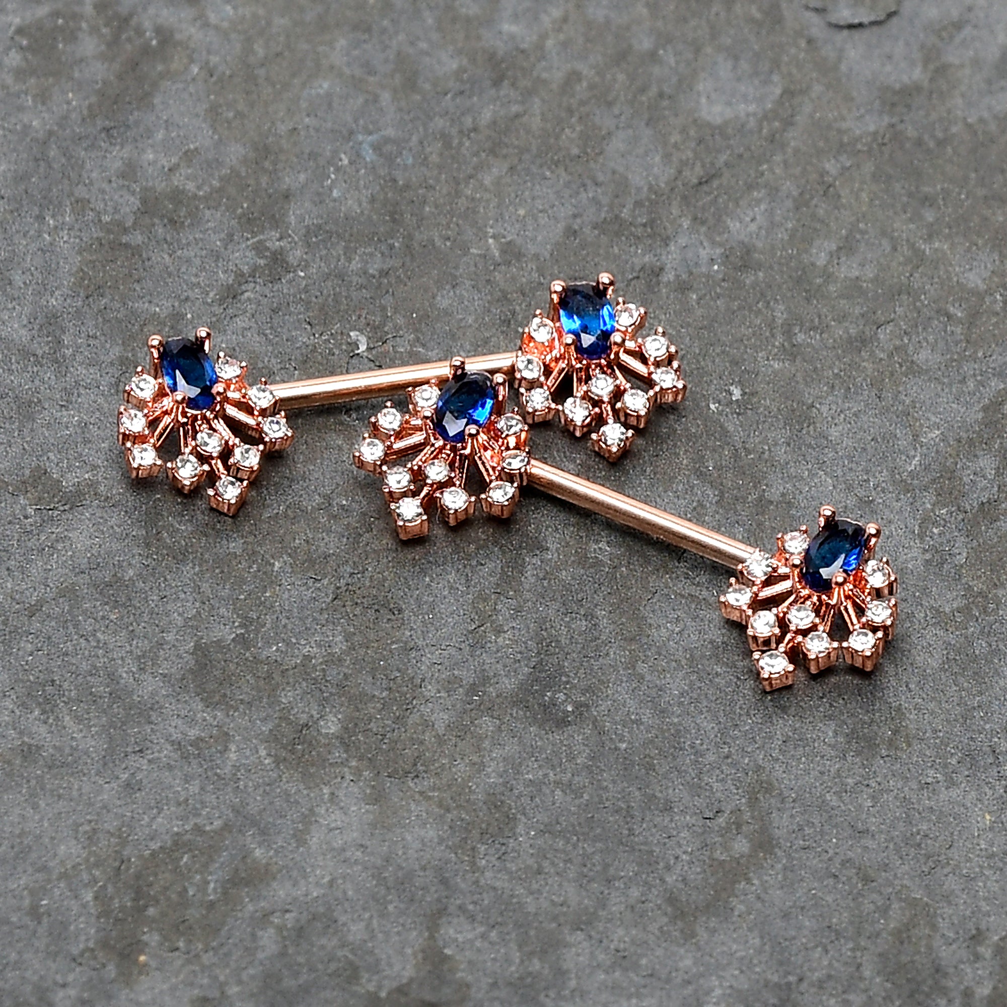 14 Gauge 9/16 Blue Gem Rosy Tone Glam Flare Barbell Nipple Ring Set