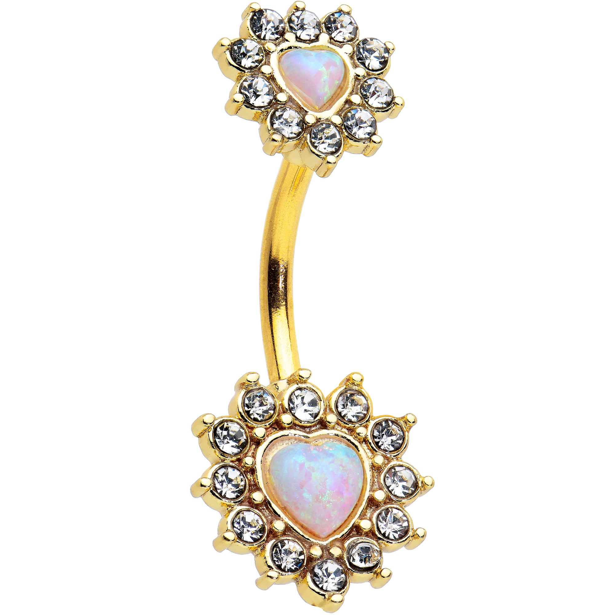 White Synthetic Opal Gold Tone Heart Sun Double Mount Belly Ring