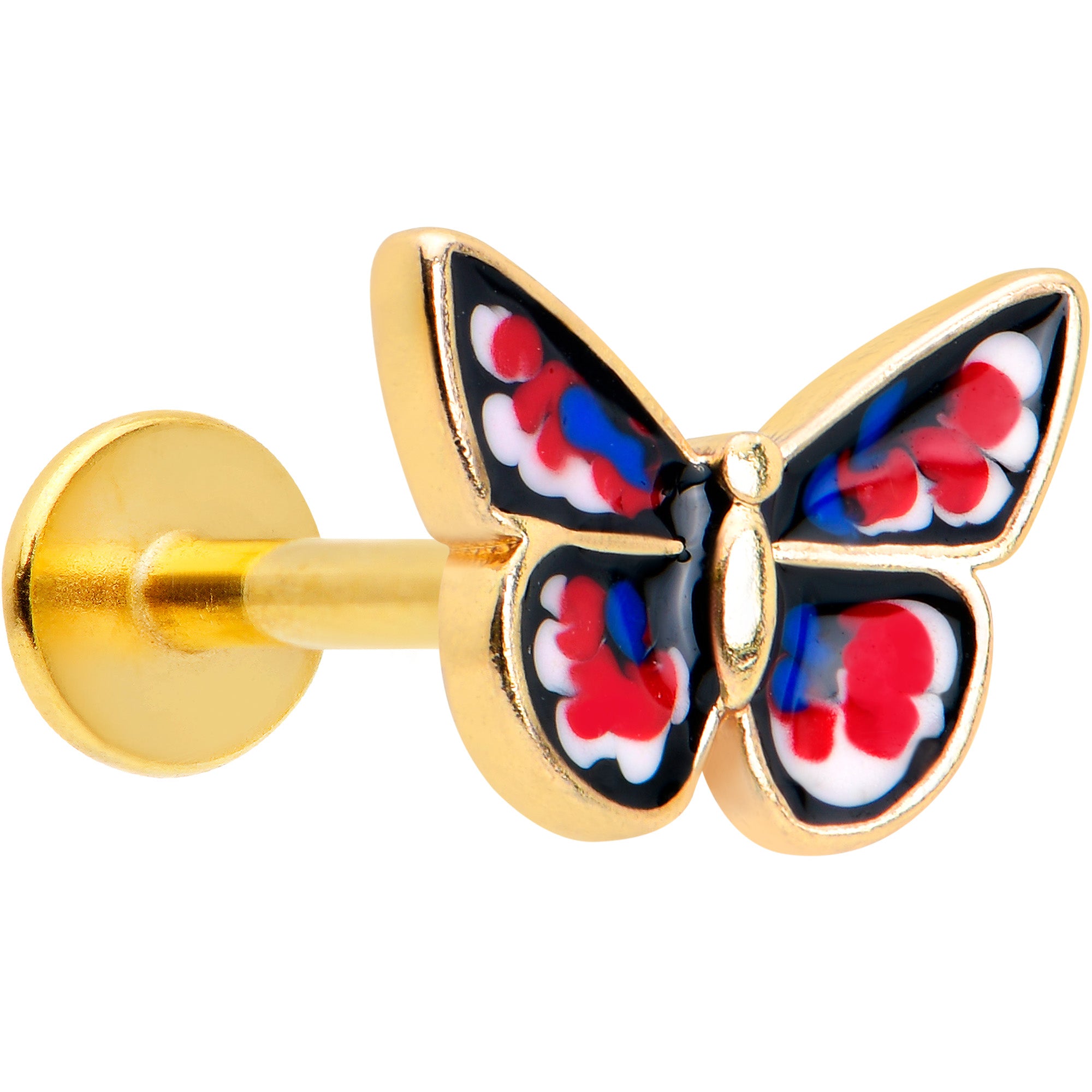 16 Gauge 5/16 Gold Tone Red White Blue Butterfly Labret Monroe Tragus