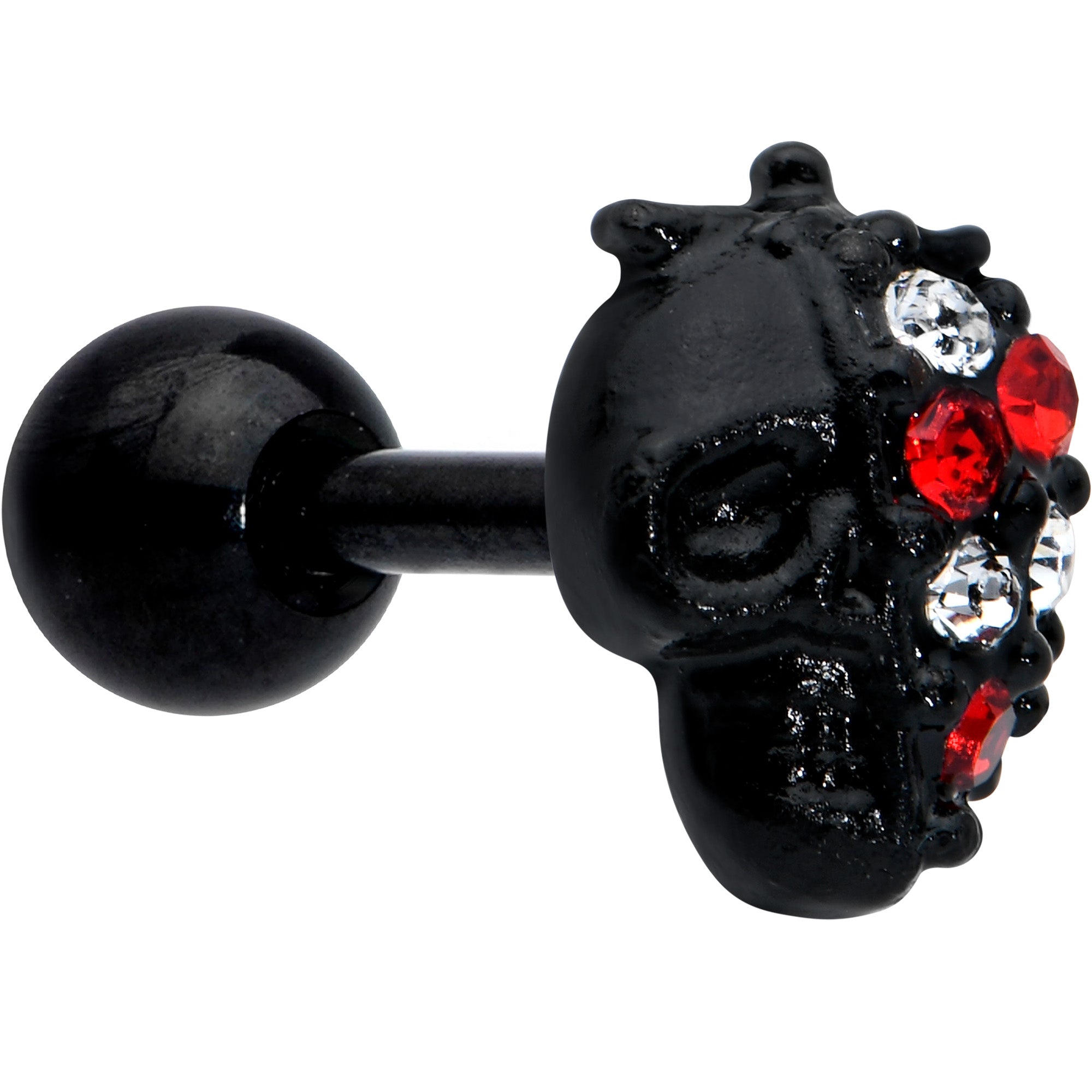 16 Gauge 1/4 Red Clear Gem Black Skull Halloween Cartilage Earring