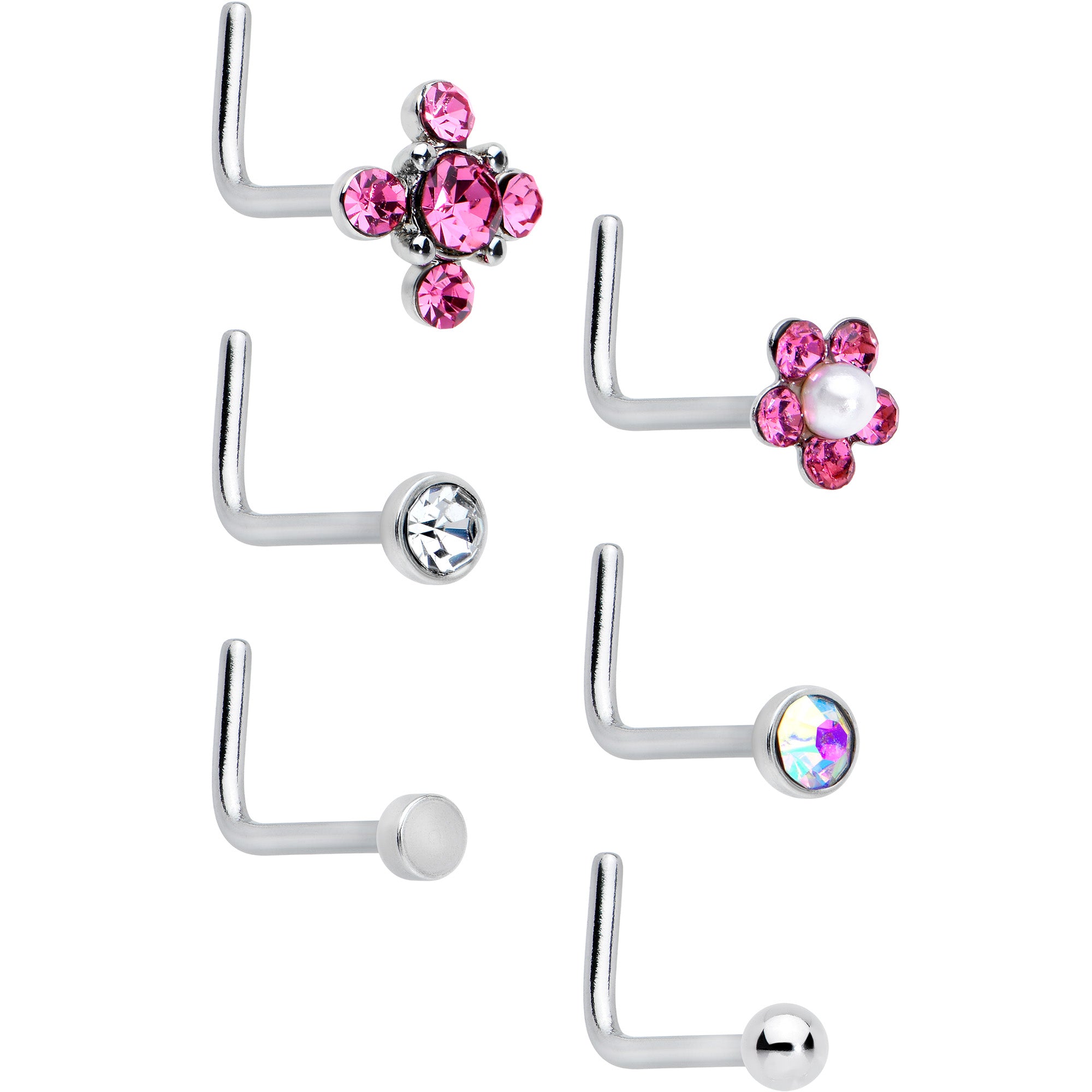 20 Gauge 1/4 Aurora Pink CZ Gem Flower L Shape Nose Ring Set of 6