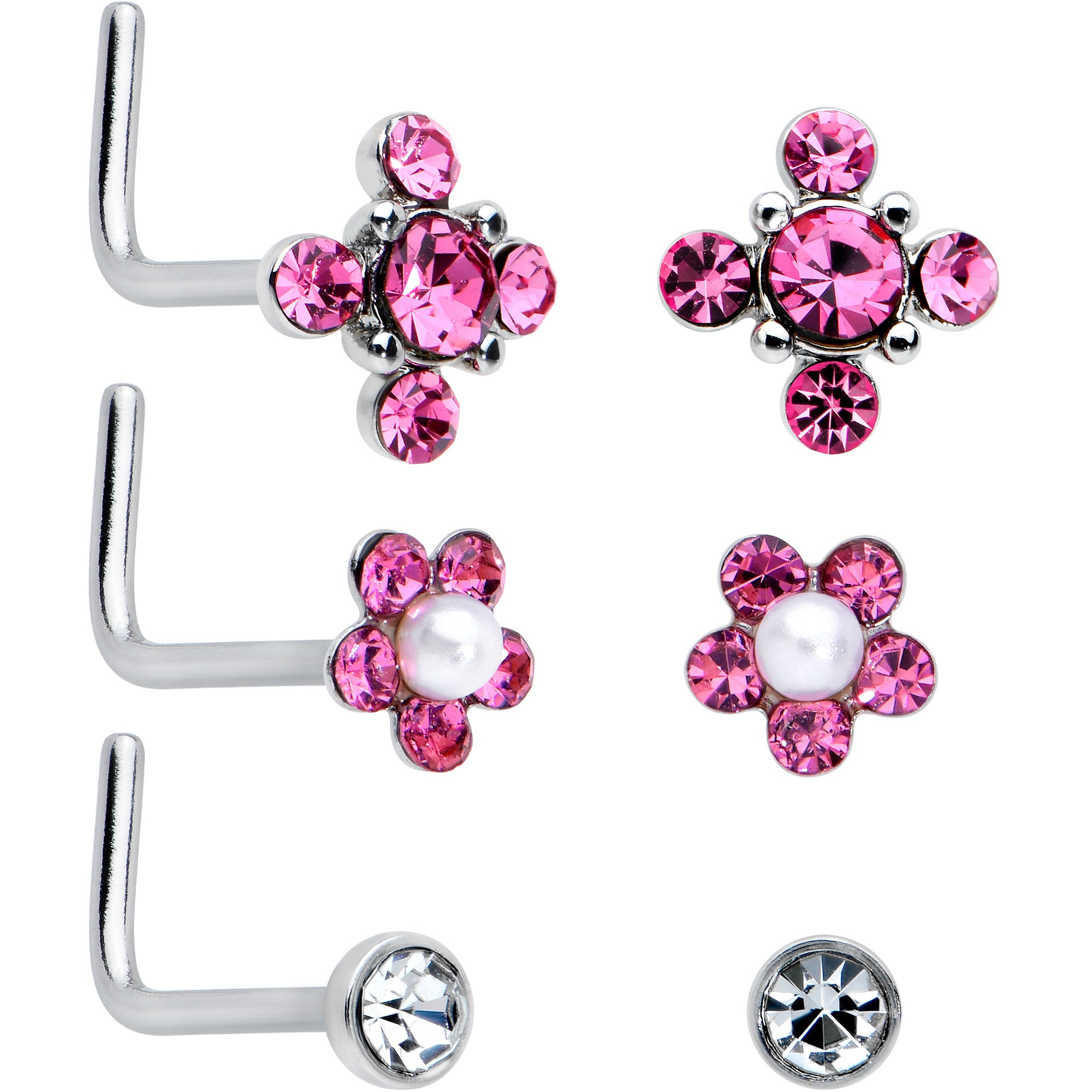 20 Gauge 1/4 Aurora Pink CZ Gem Flower L Shape Nose Ring Set of 6