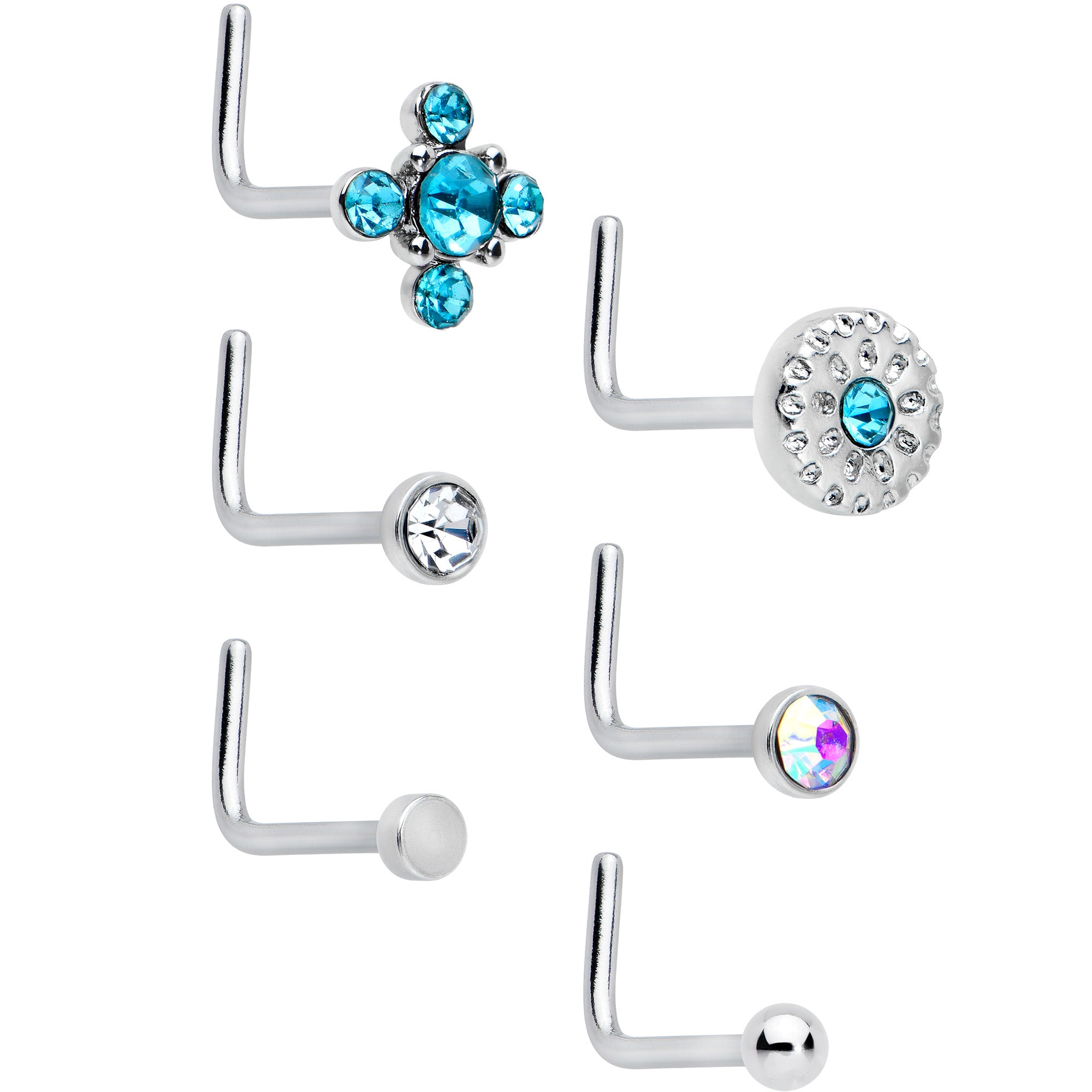 20 Gauge 1/4 Aurora Blue CZ Gem Flower L Shape Nose Ring Set of 6