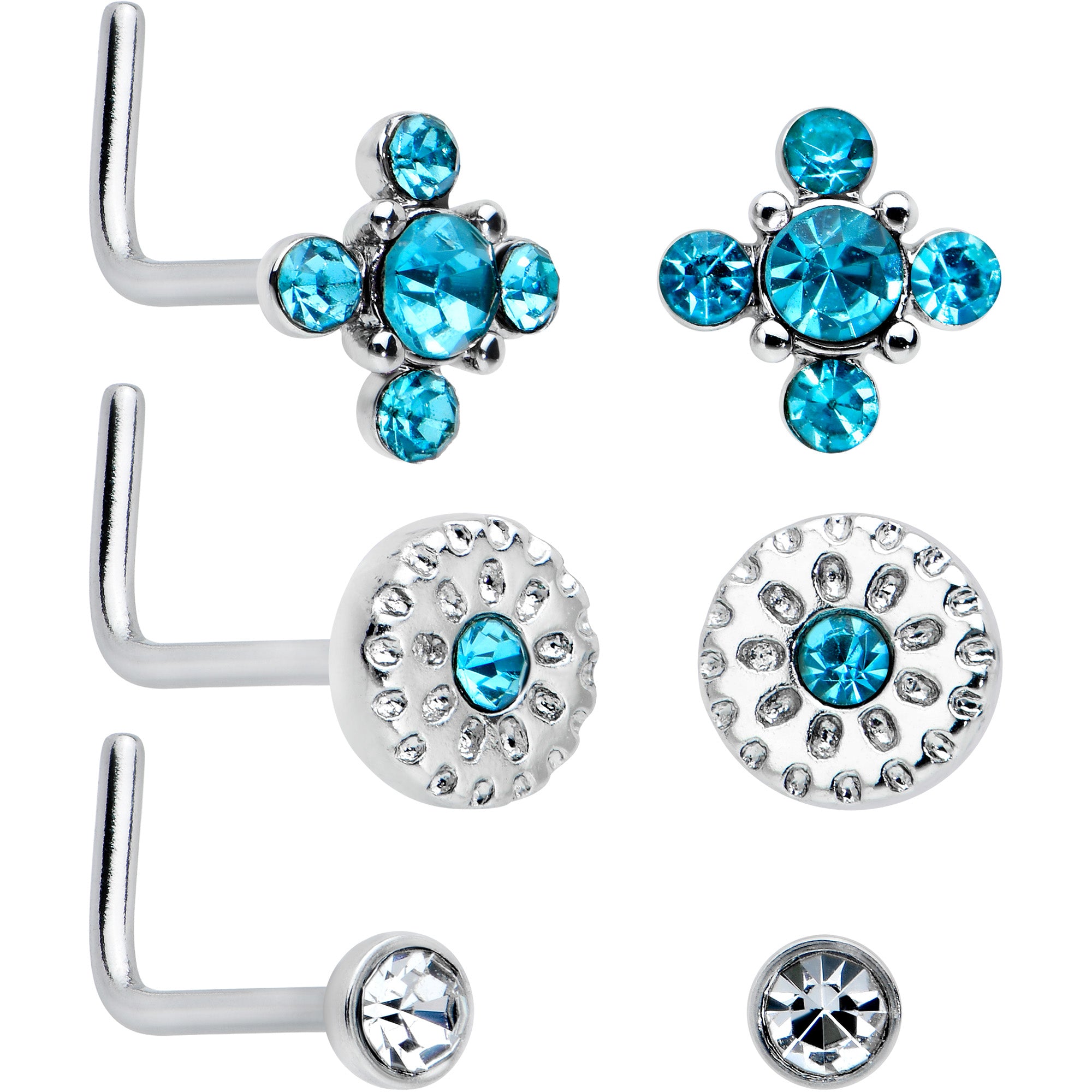 20 Gauge 1/4 Aurora Blue CZ Gem Flower L Shape Nose Ring Set of 6