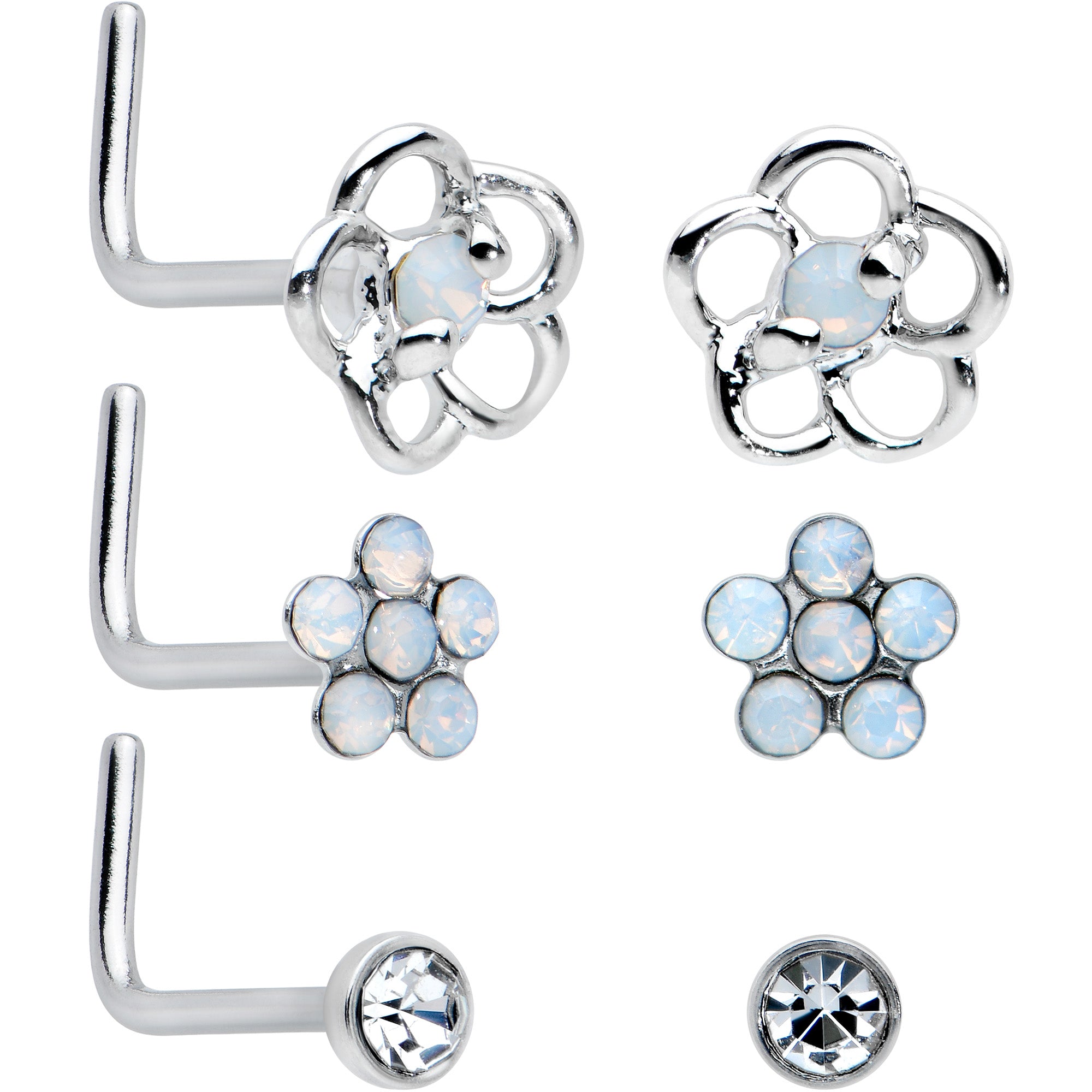 20 Gauge 1/4 Clear CZ Gem Flower Disc L Shape Nose Ring Set of 6