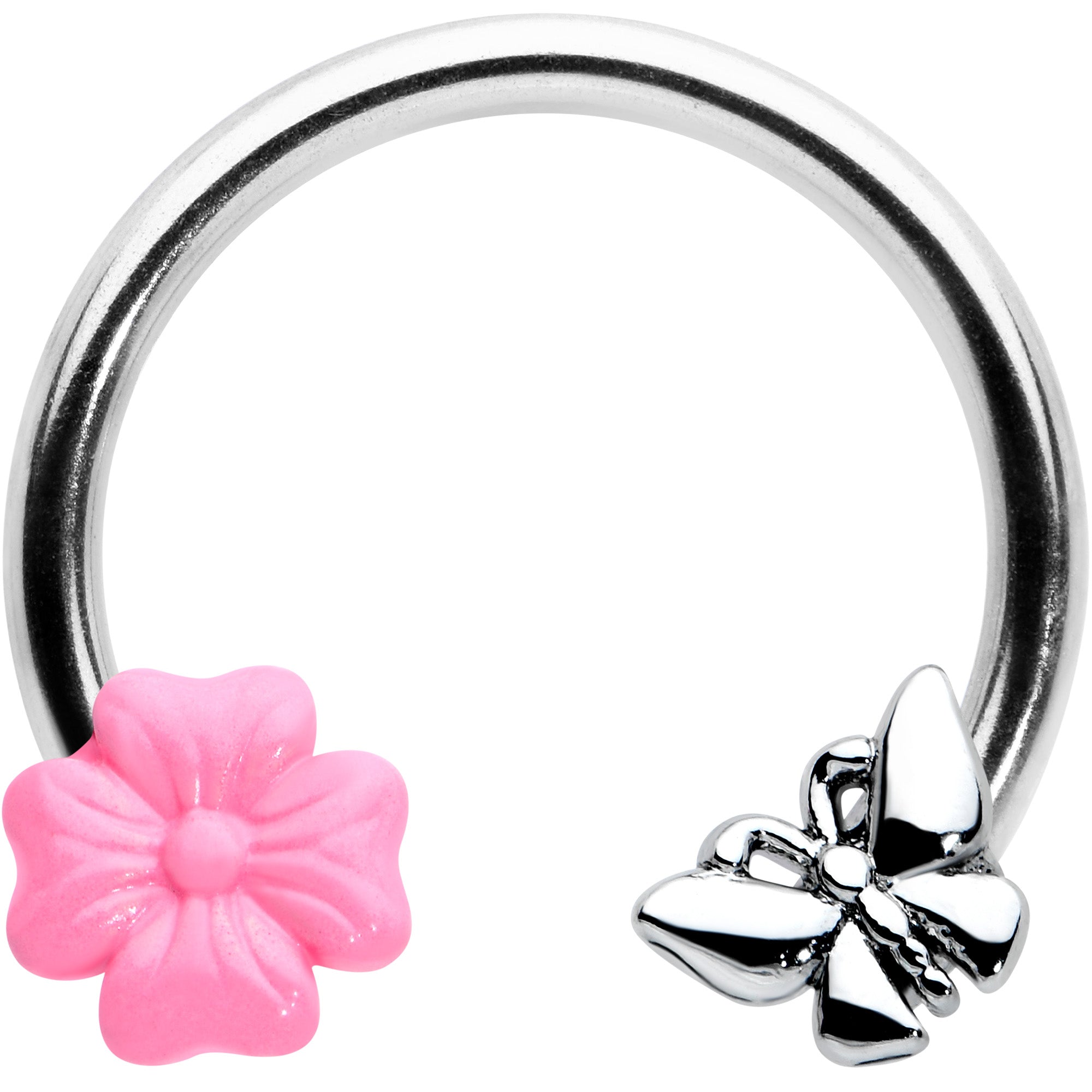 16 Gauge 3/8 Butterfly Pink Flower Horseshoe Circular Barbell