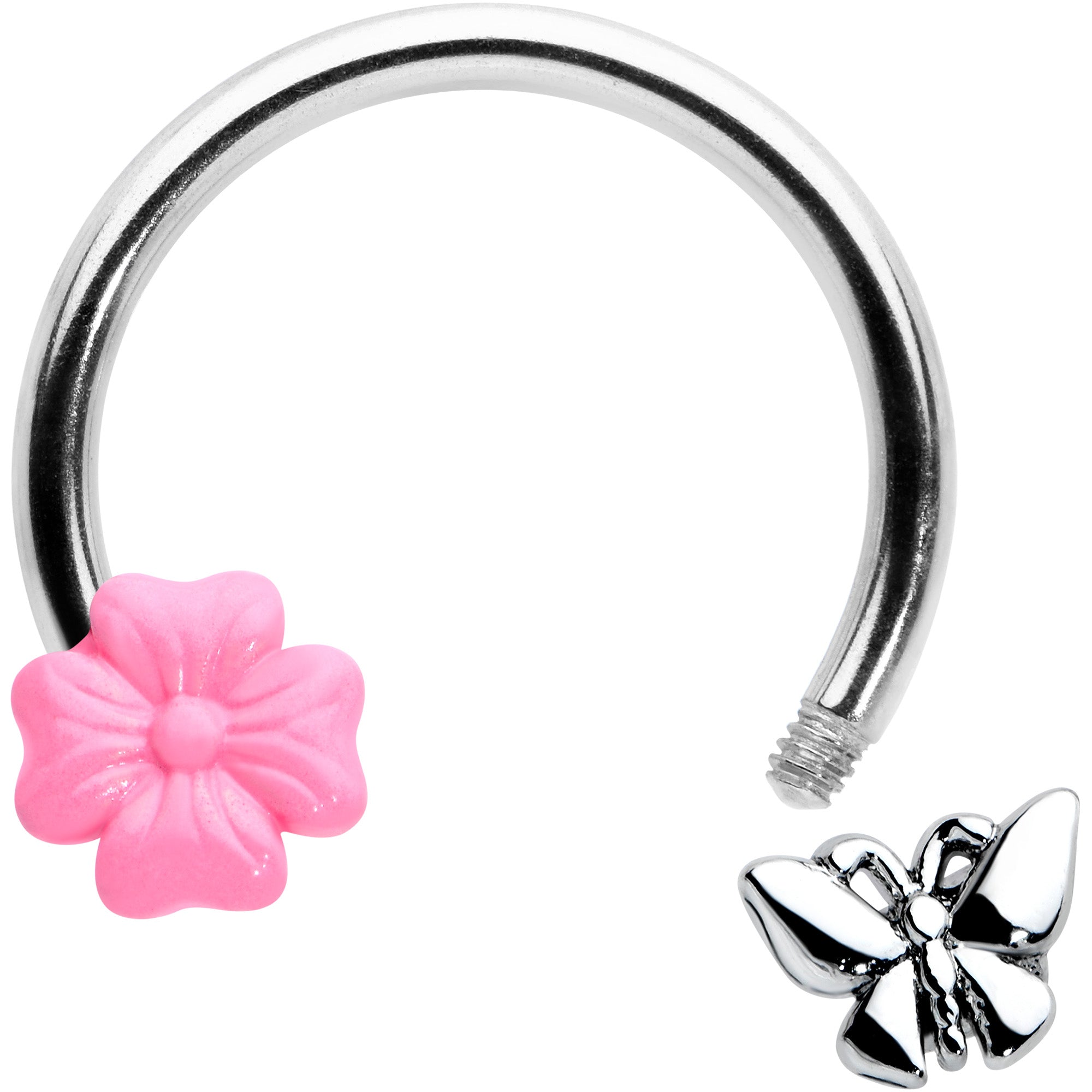 16 Gauge 3/8 Butterfly Pink Flower Horseshoe Circular Barbell