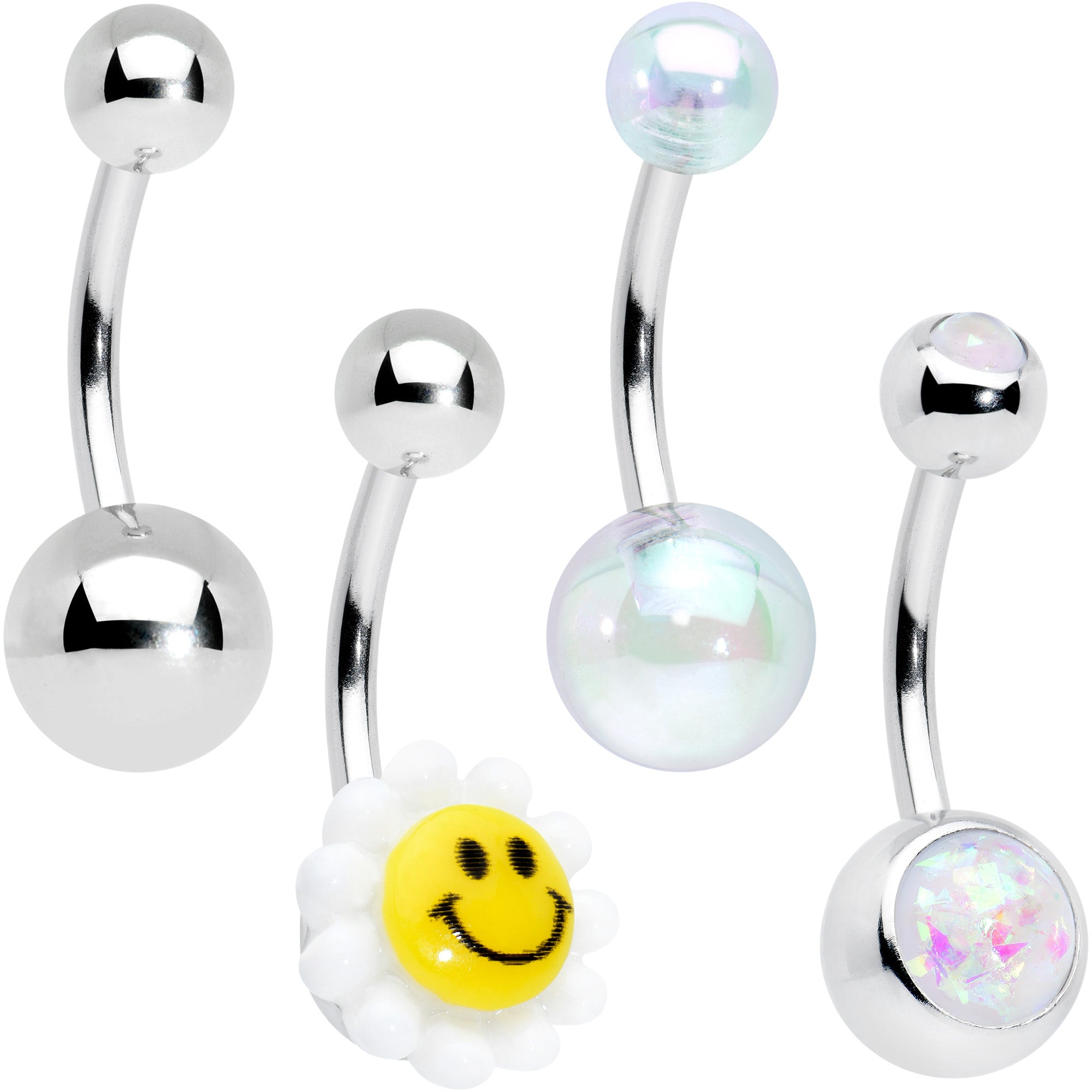 Smile Flower UV Glow Faux Opal Belly Ring Set of 4