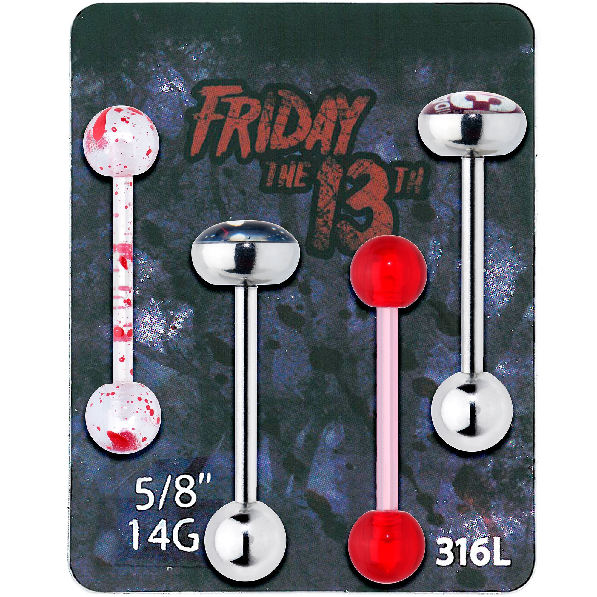 Licensed Friday the 13th Mask Splatter Barbell Tongue Ring Set of 4