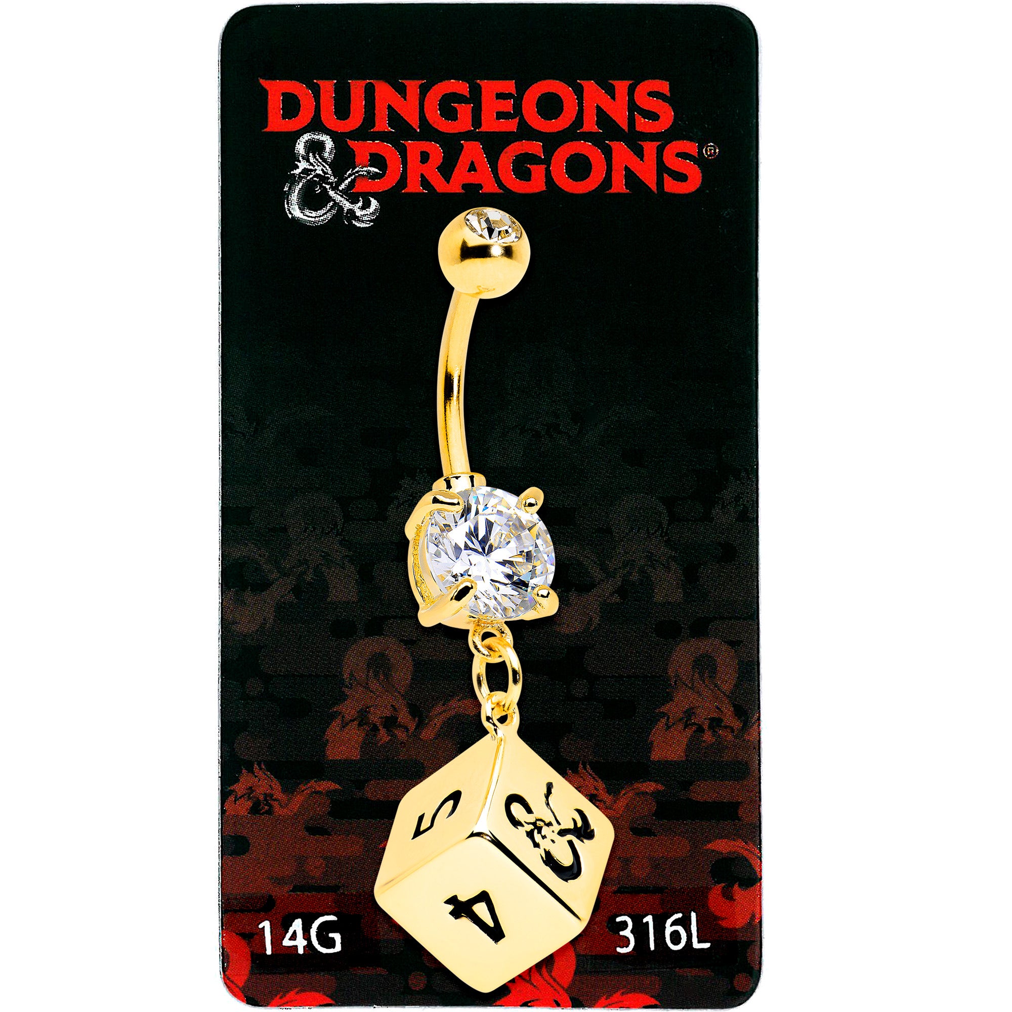 Licensed Dungeons & Dragons Clear CZ Gem Dice Dangle Belly Ring