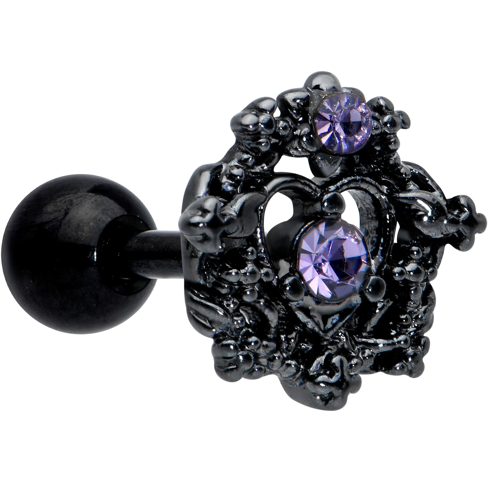 16 Gauge 1/4 Purple Gem Regal Black Crown Heart Cartilage Tragus