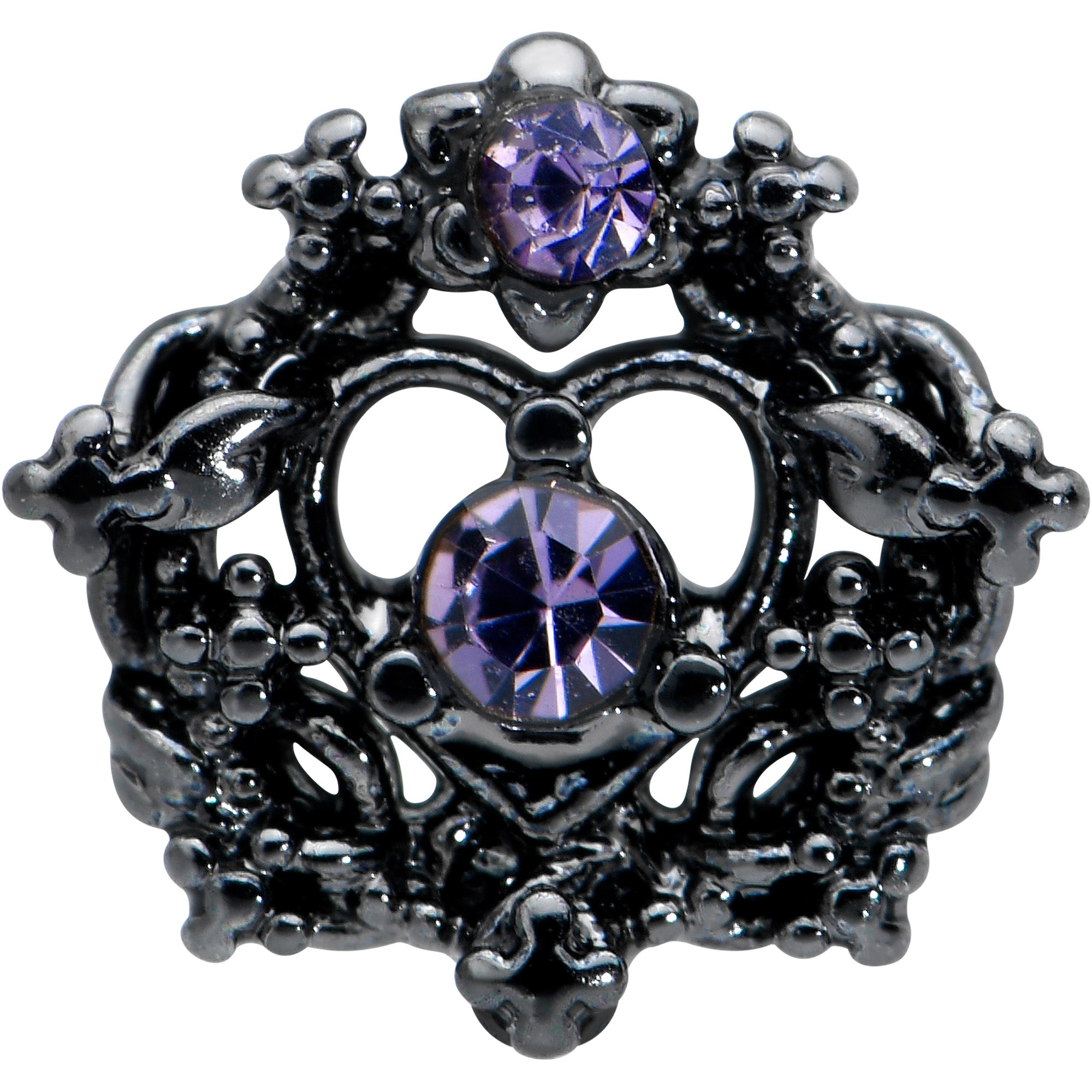 16 Gauge 1/4 Purple Gem Regal Black Crown Heart Cartilage Tragus