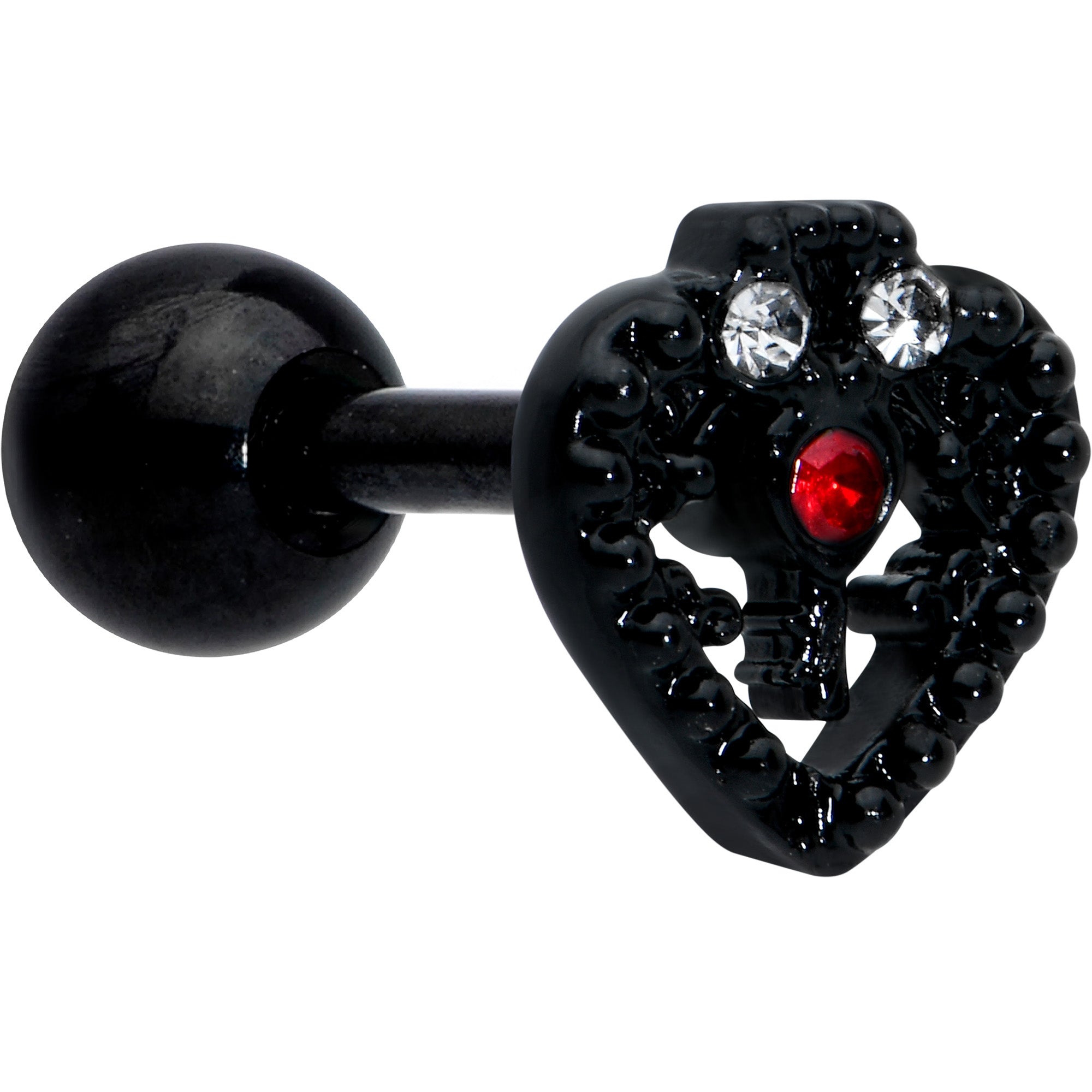 16 Gauge 1/4 Red Clear Gem Black Heart Key Cartilage Tragus Earring