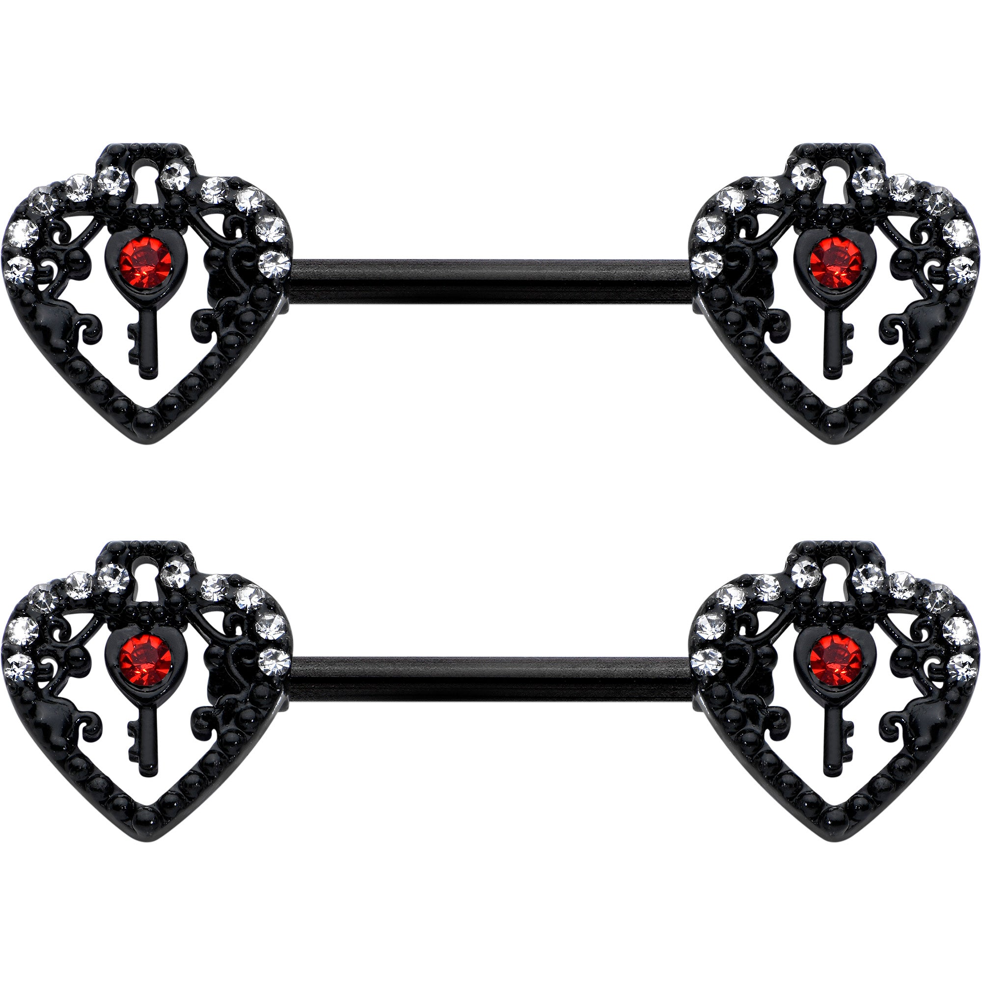 14 Gauge 9/16 Red Clear Gem Black Key Heart Barbell Nipple Ring Set