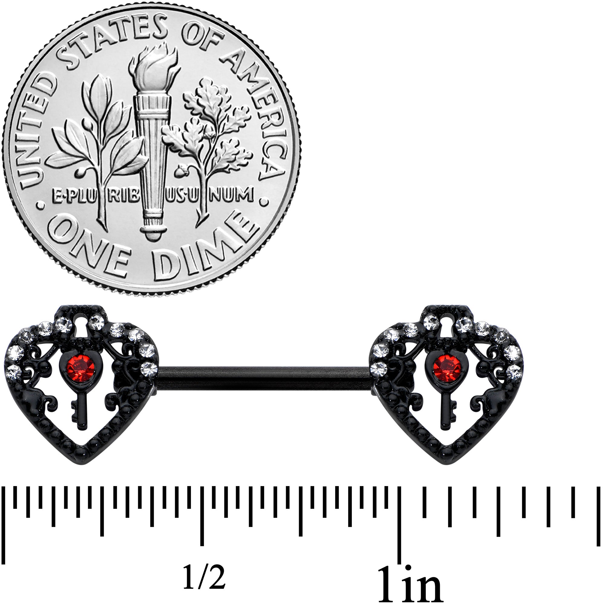 14 Gauge 9/16 Red Clear Gem Black Key Heart Barbell Nipple Ring Set