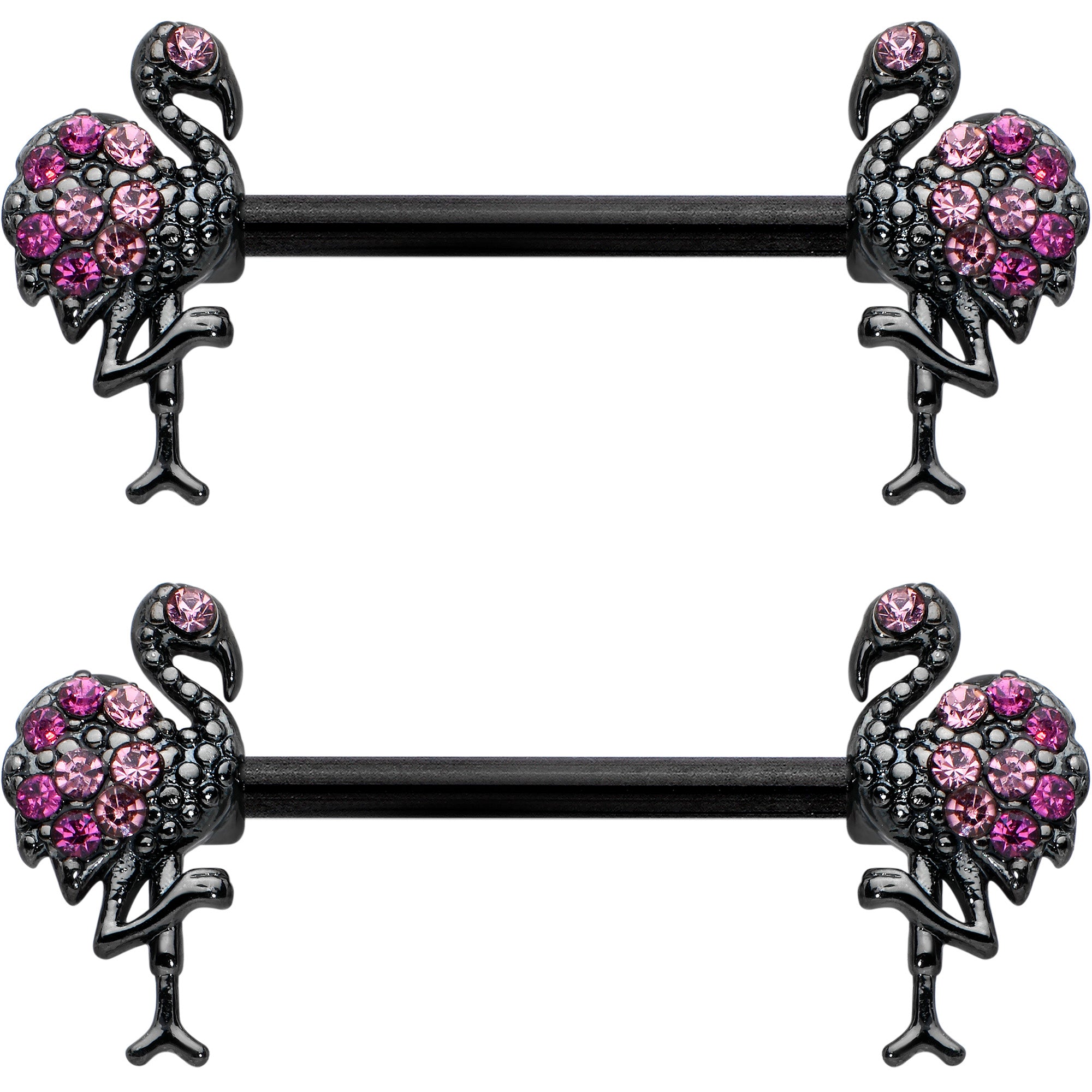 14 Gauge 9/16 Pink Gem Black Fashion Flamingo Barbell Nipple Ring Set