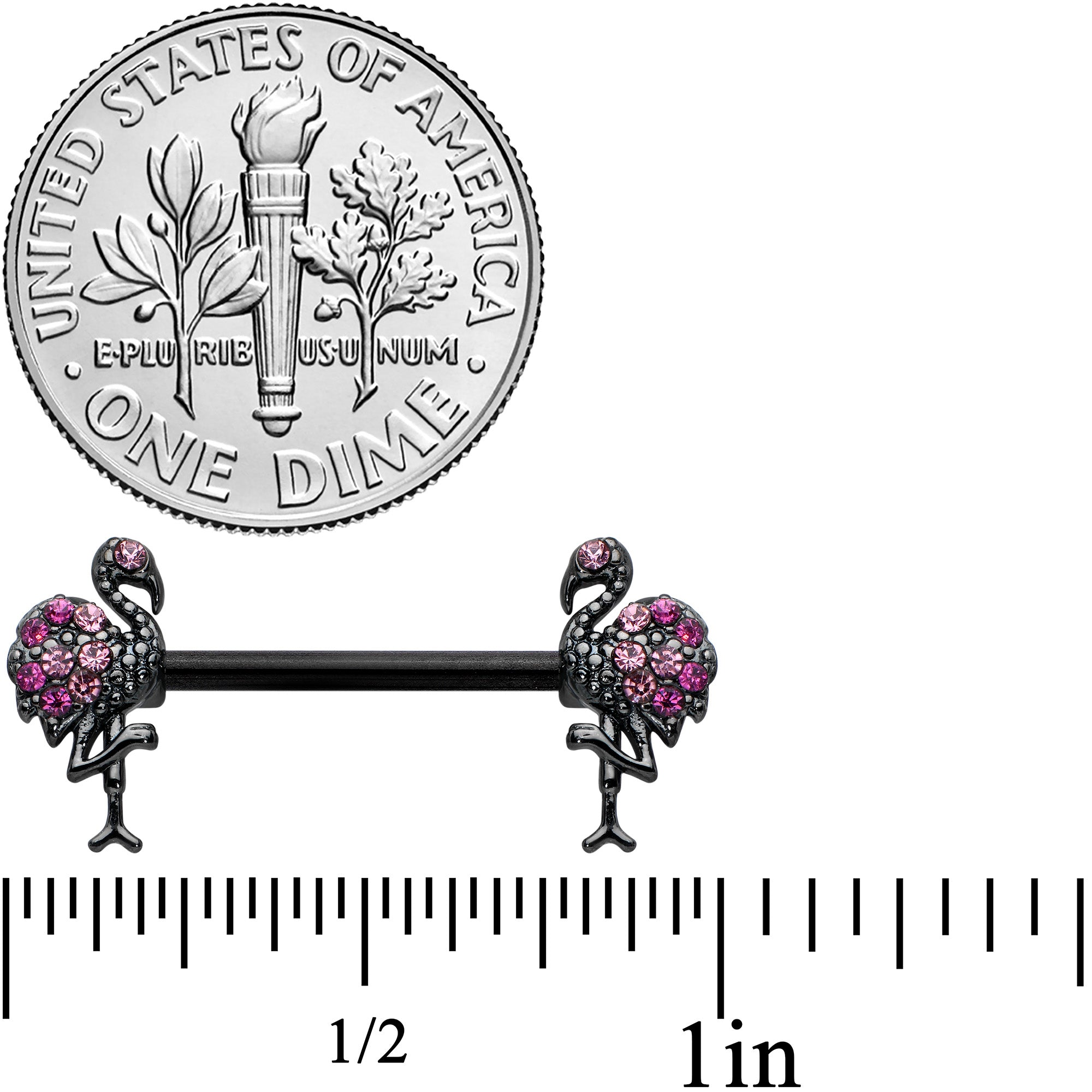 14 Gauge 9/16 Pink Gem Black Fashion Flamingo Barbell Nipple Ring Set